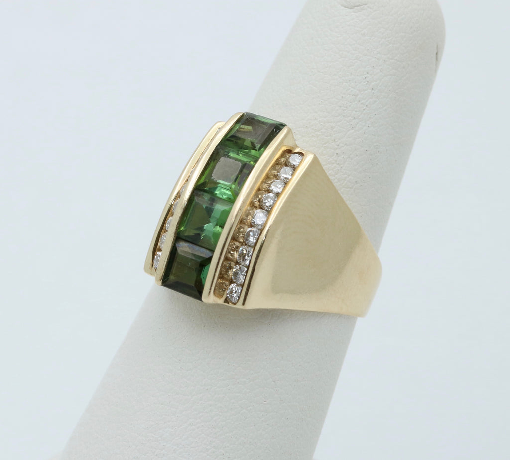 Funky Green Stone & Diamond 14K Yellow Gold Statement Ring