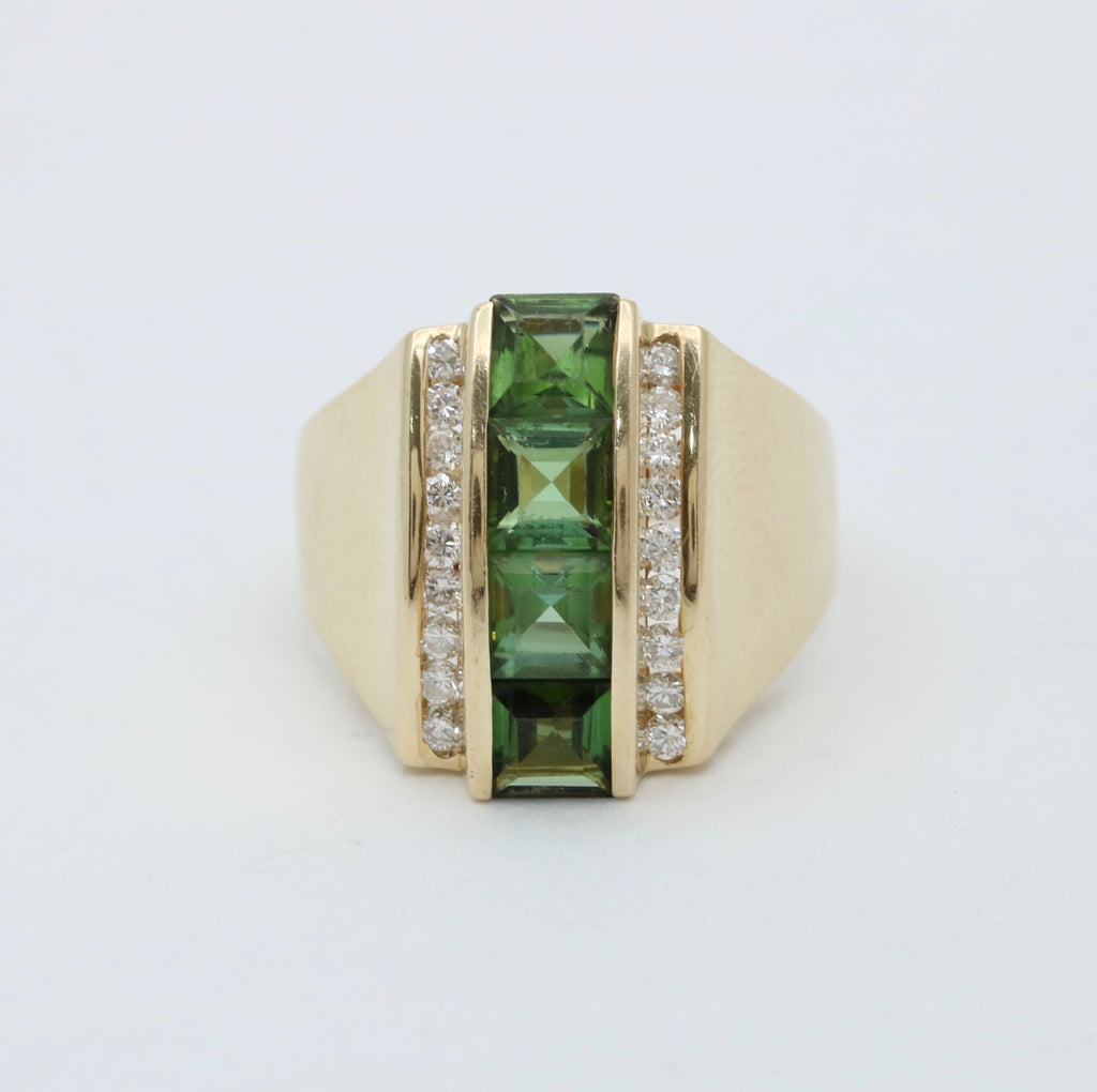 Funky Green Stone & Diamond 14K Yellow Gold Statement Ring