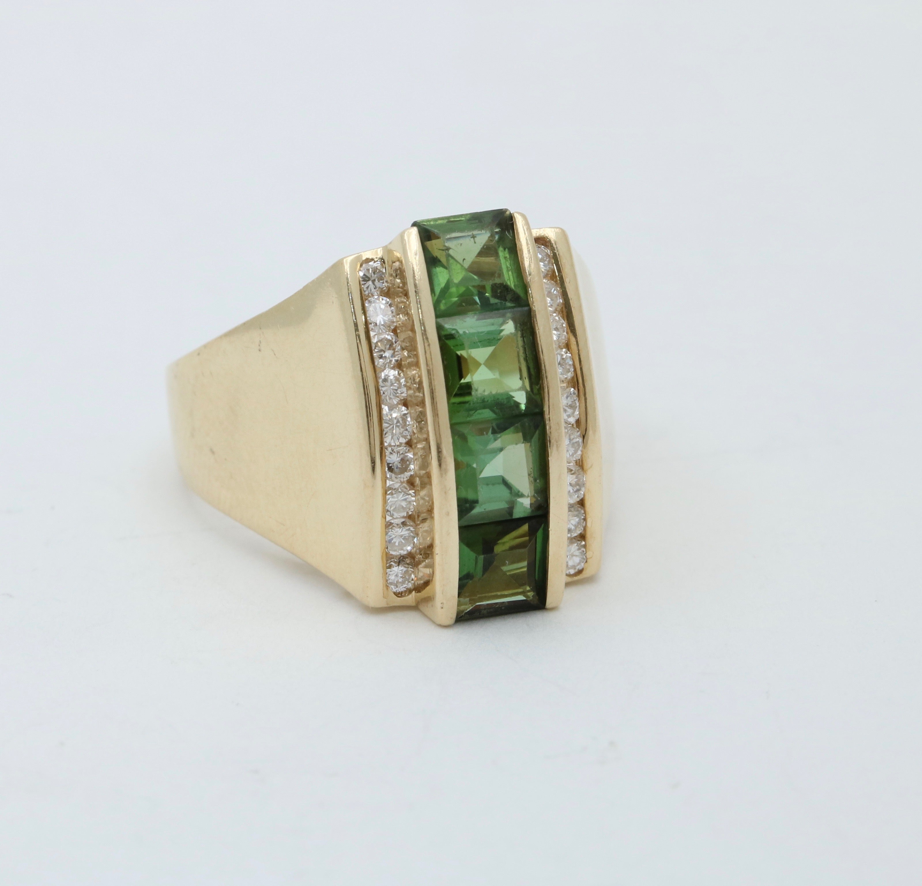 Funky Green Stone & Diamond 14K Yellow Gold Statement Ring