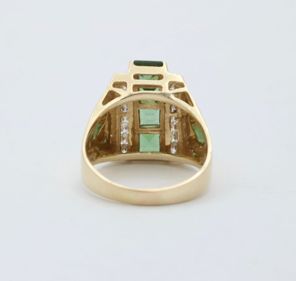 Funky Green Stone & Diamond 14K Yellow Gold Statement Ring