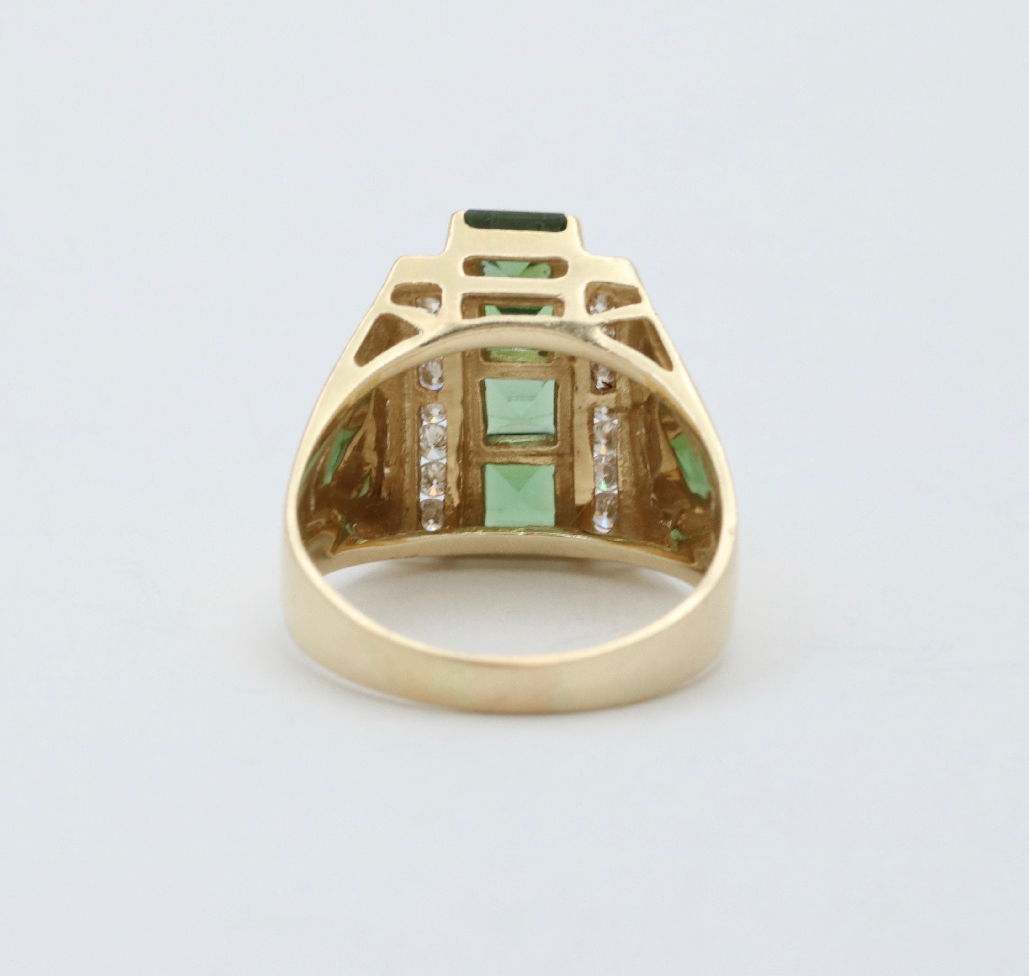 Funky Green Stone & Diamond 14K Yellow Gold Statement Ring