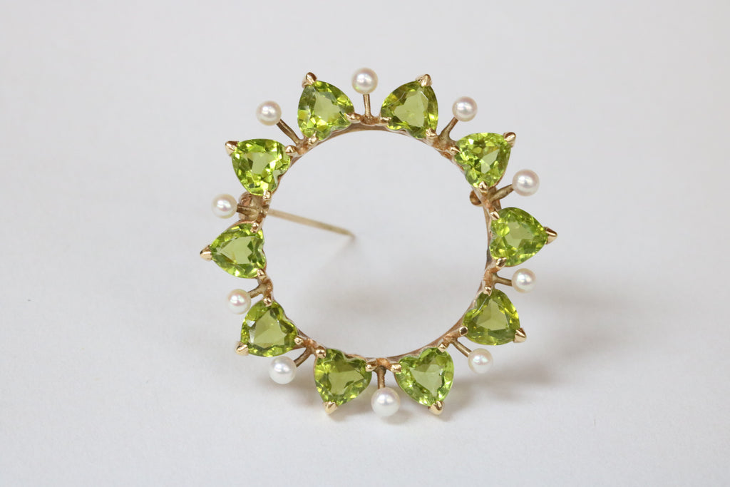 Vintage Heart Cut Peridot Pearls 14K Yellow Gold Brooch Pin