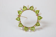 Load image into Gallery viewer, Vintage Heart Cut Peridot Pearls 14K Yellow Gold Brooch Pin
