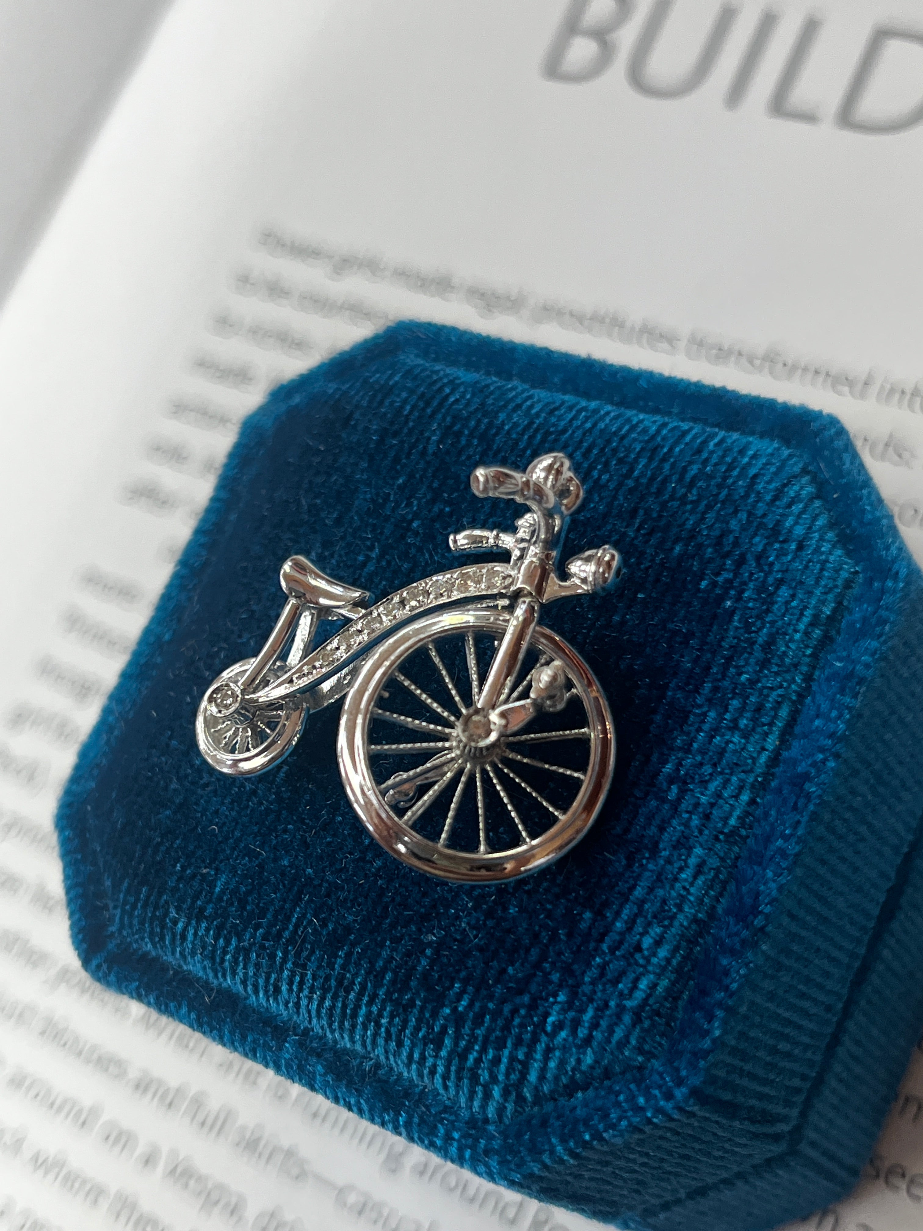 Vintage Bicycle Diamond Movable 18K White Gold Pendant.