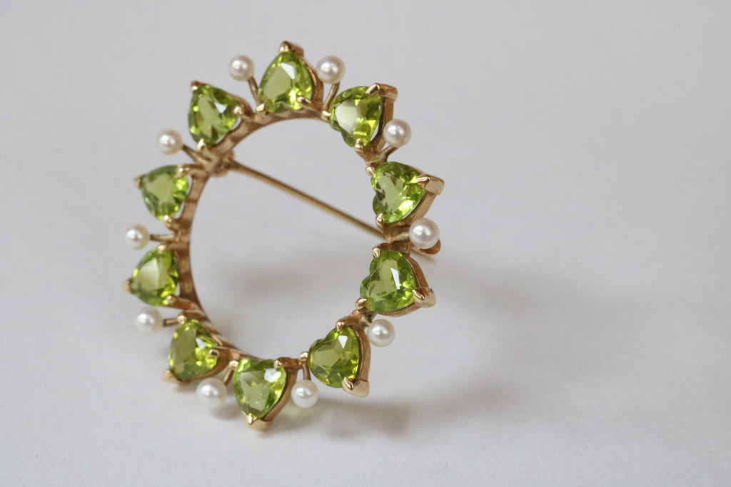 Vintage Heart Cut Peridot Pearls 14K Yellow Gold Brooch Pin