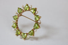 Load image into Gallery viewer, Vintage Heart Cut Peridot Pearls 14K Yellow Gold Brooch Pin
