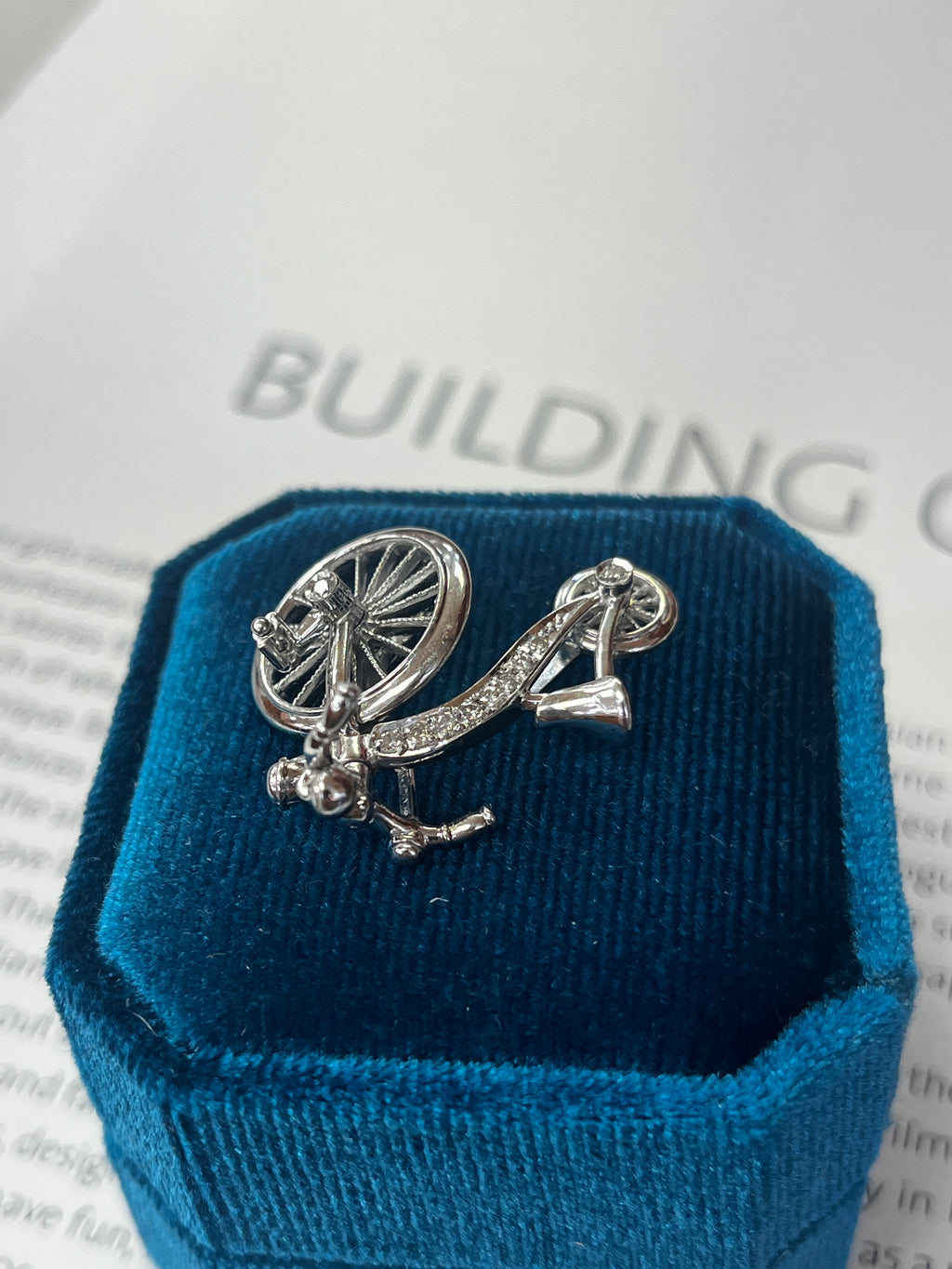 Vintage Bicycle Diamond Movable 18K White Gold Pendant.
