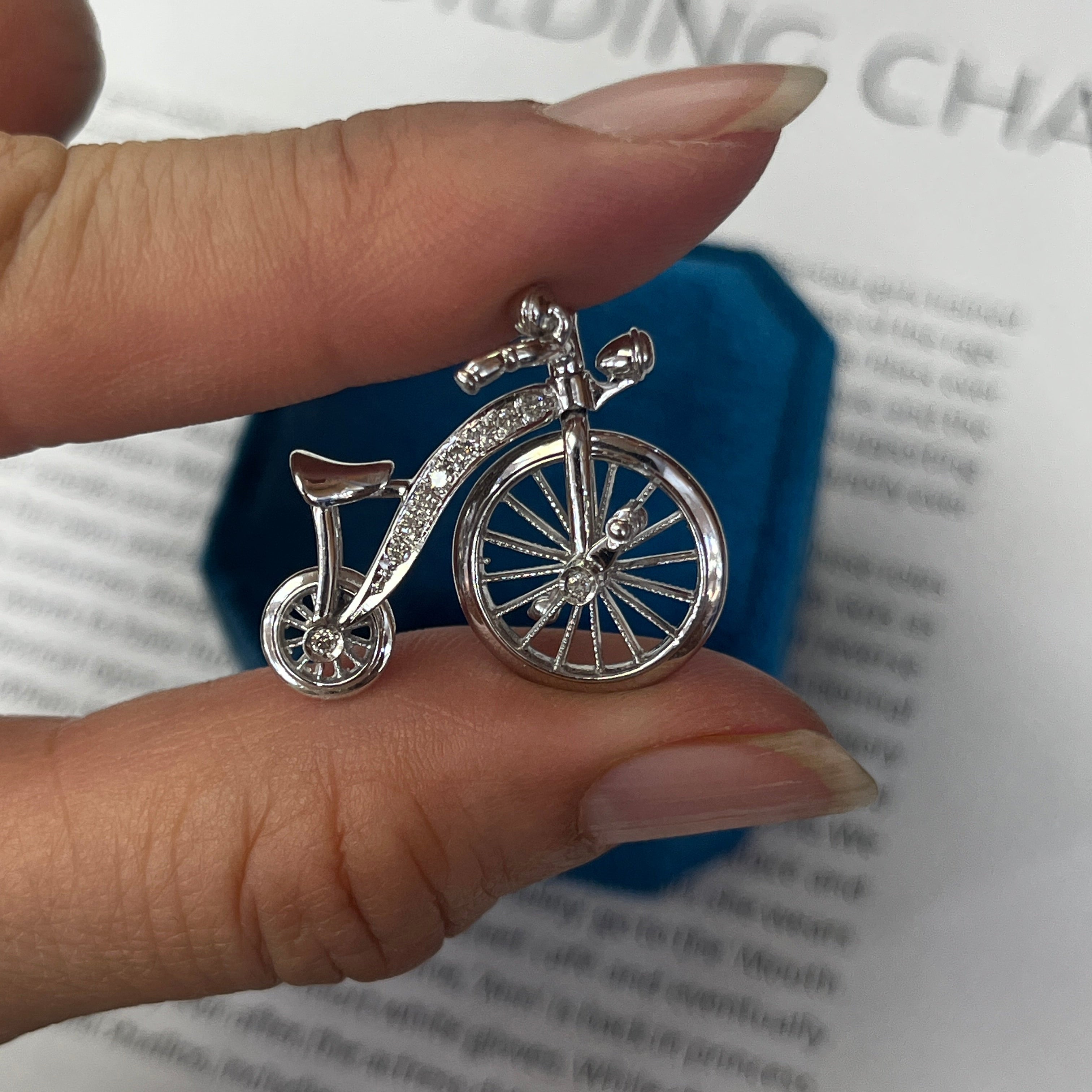 Vintage Bicycle Diamond Movable 18K White Gold Pendant.