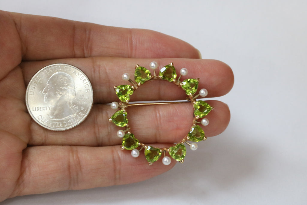 Vintage Heart Cut Peridot Pearls 14K Yellow Gold Brooch Pin
