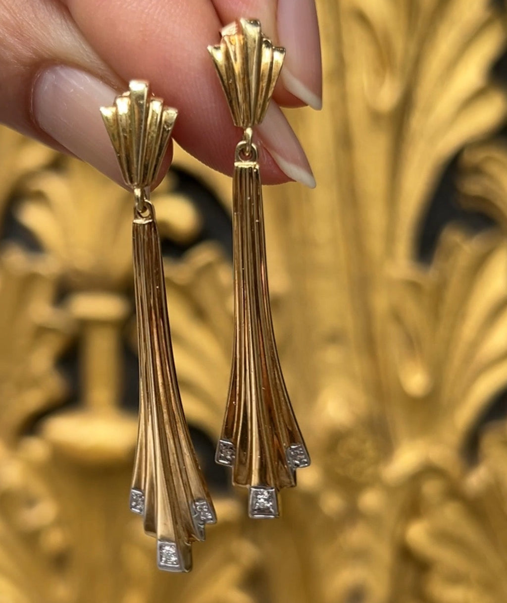 Art Deco 14K Yellow Gold Geometry Diamond Tapered Drop Earrings