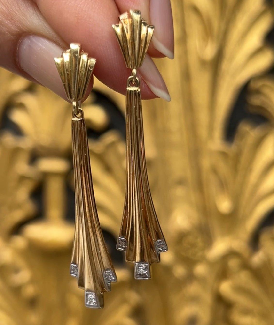Art Deco 14K Yellow Gold Geometry Diamond Tapered Drop Earrings