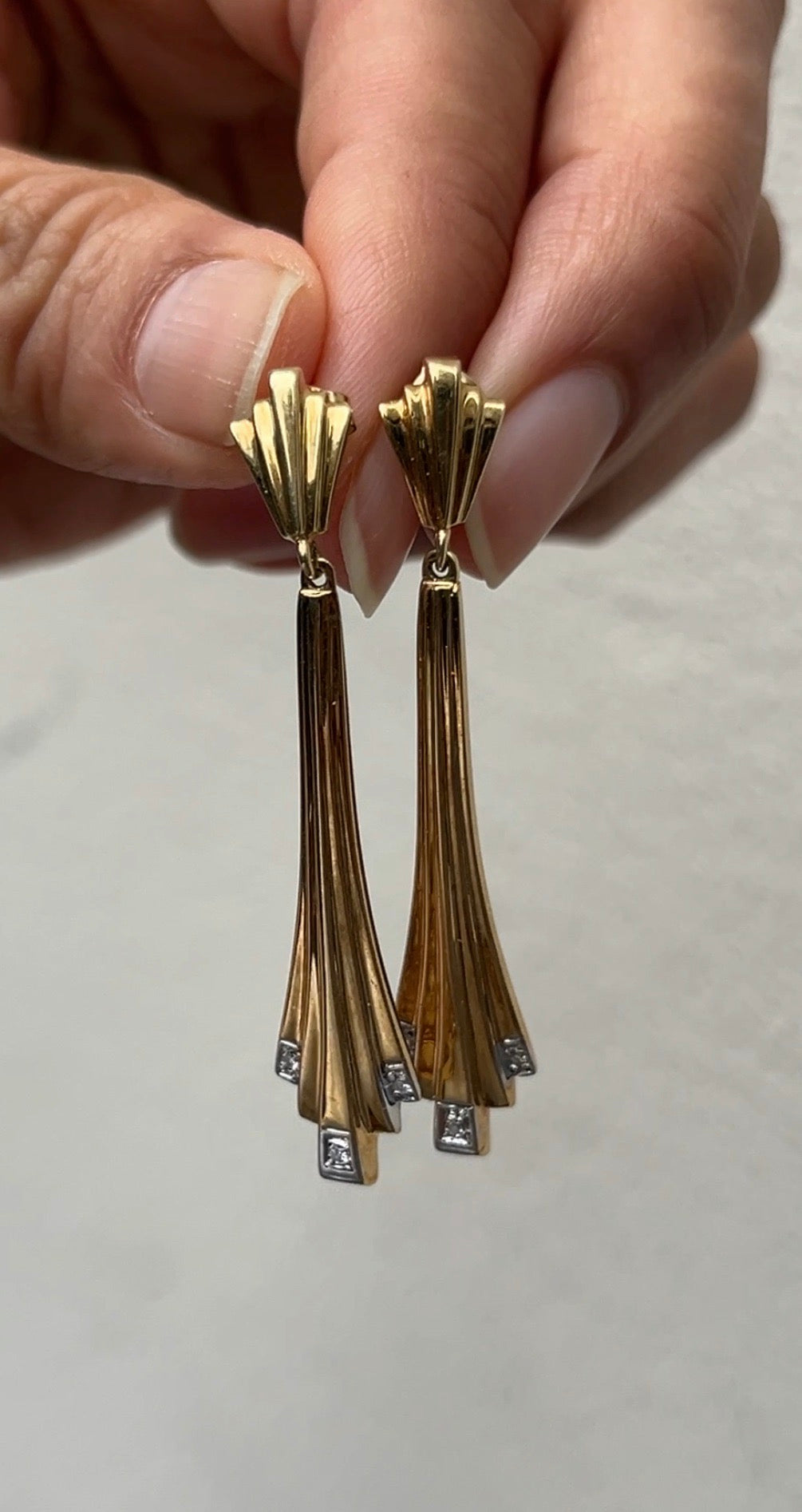Art Deco 14K Yellow Gold Geometry Diamond Tapered Drop Earrings
