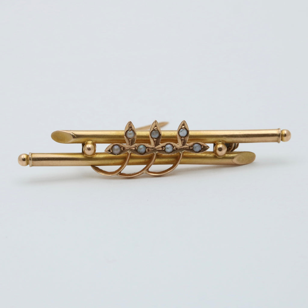 Antique 14K Yellow Gold Seed Pearl Three Clover Bar Pin