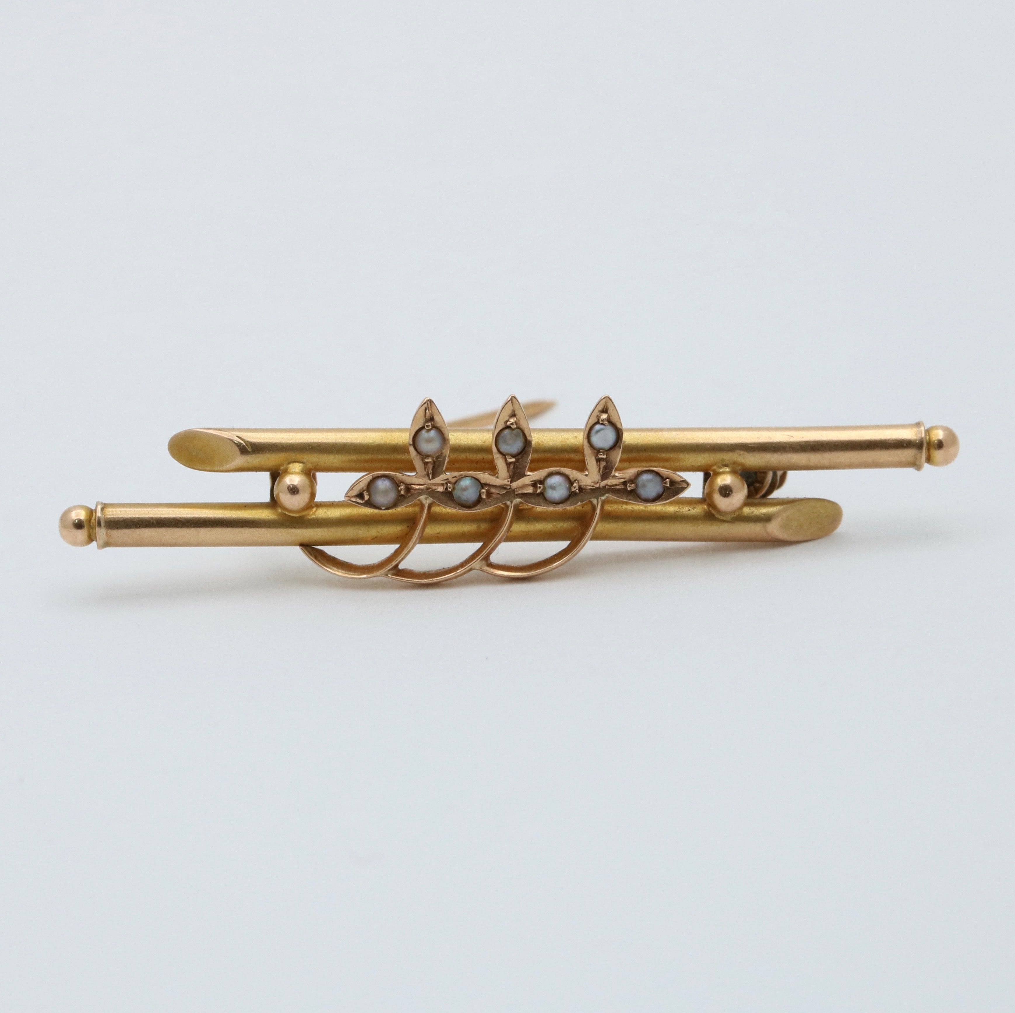 Antique 14K Yellow Gold Seed Pearl Three Clover Bar Pin