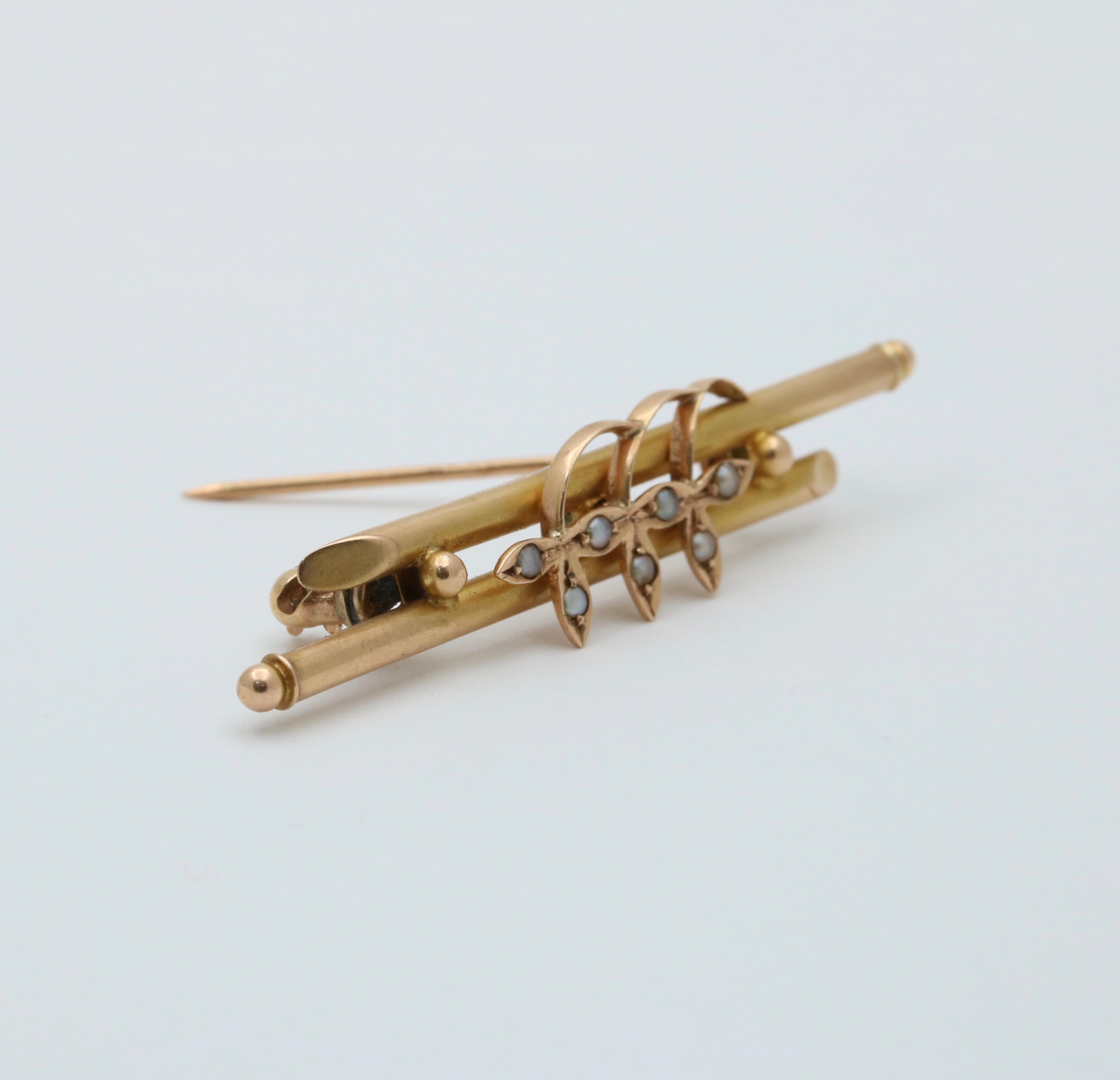 Antique 14K Yellow Gold Seed Pearl Three Clover Bar Pin