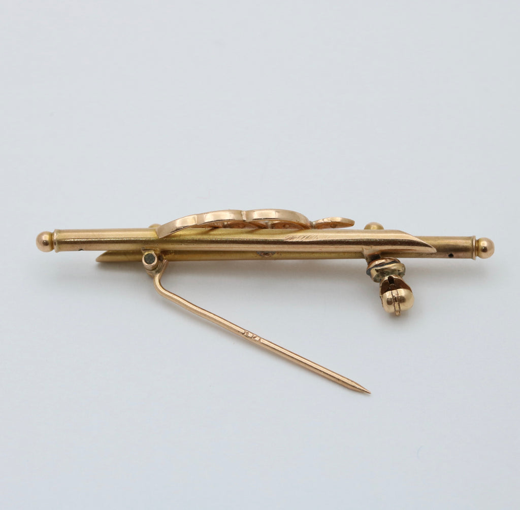 Antique 14K Yellow Gold Seed Pearl Three Clover Bar Pin