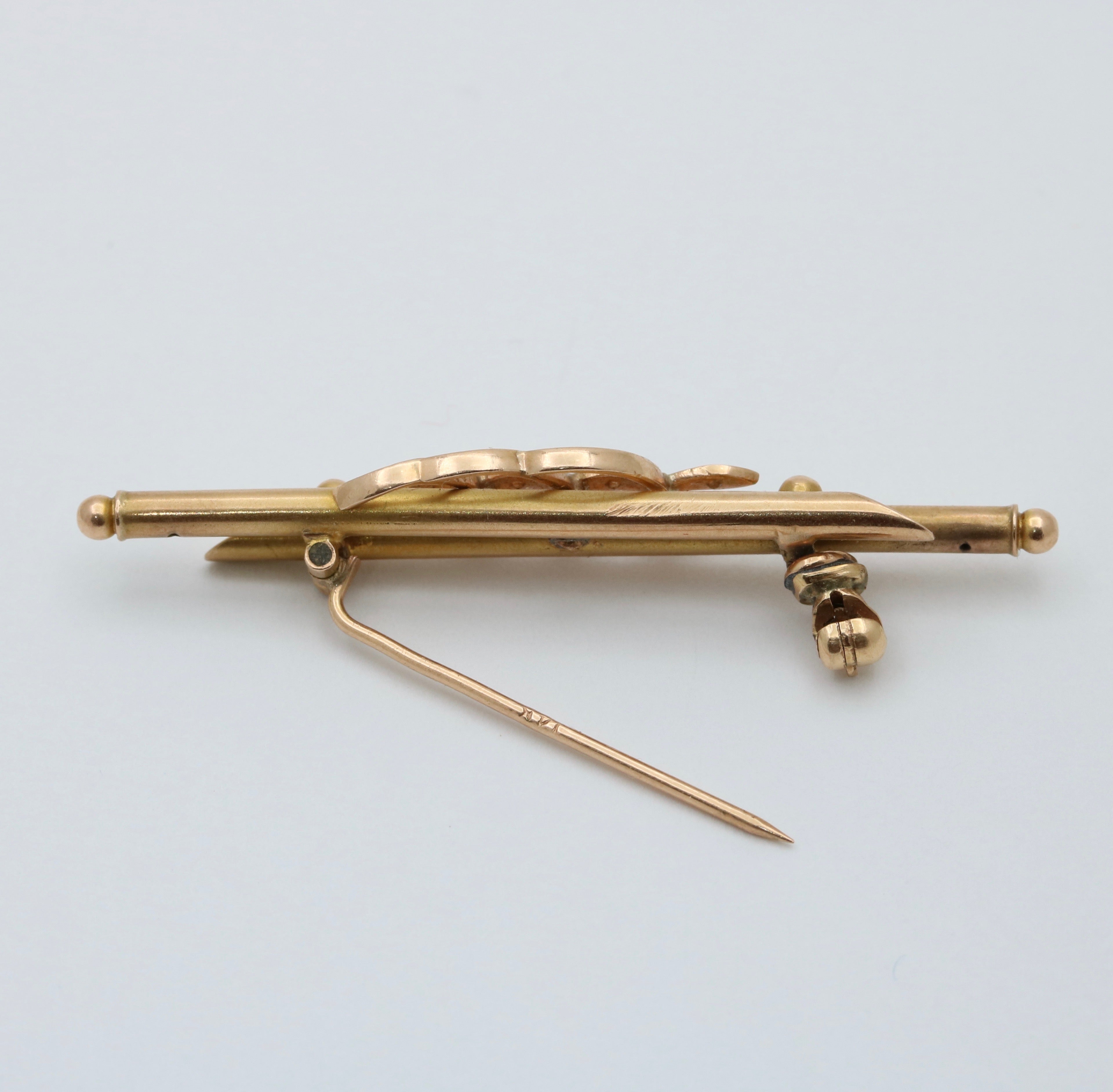 Antique 14K Yellow Gold Seed Pearl Three Clover Bar Pin