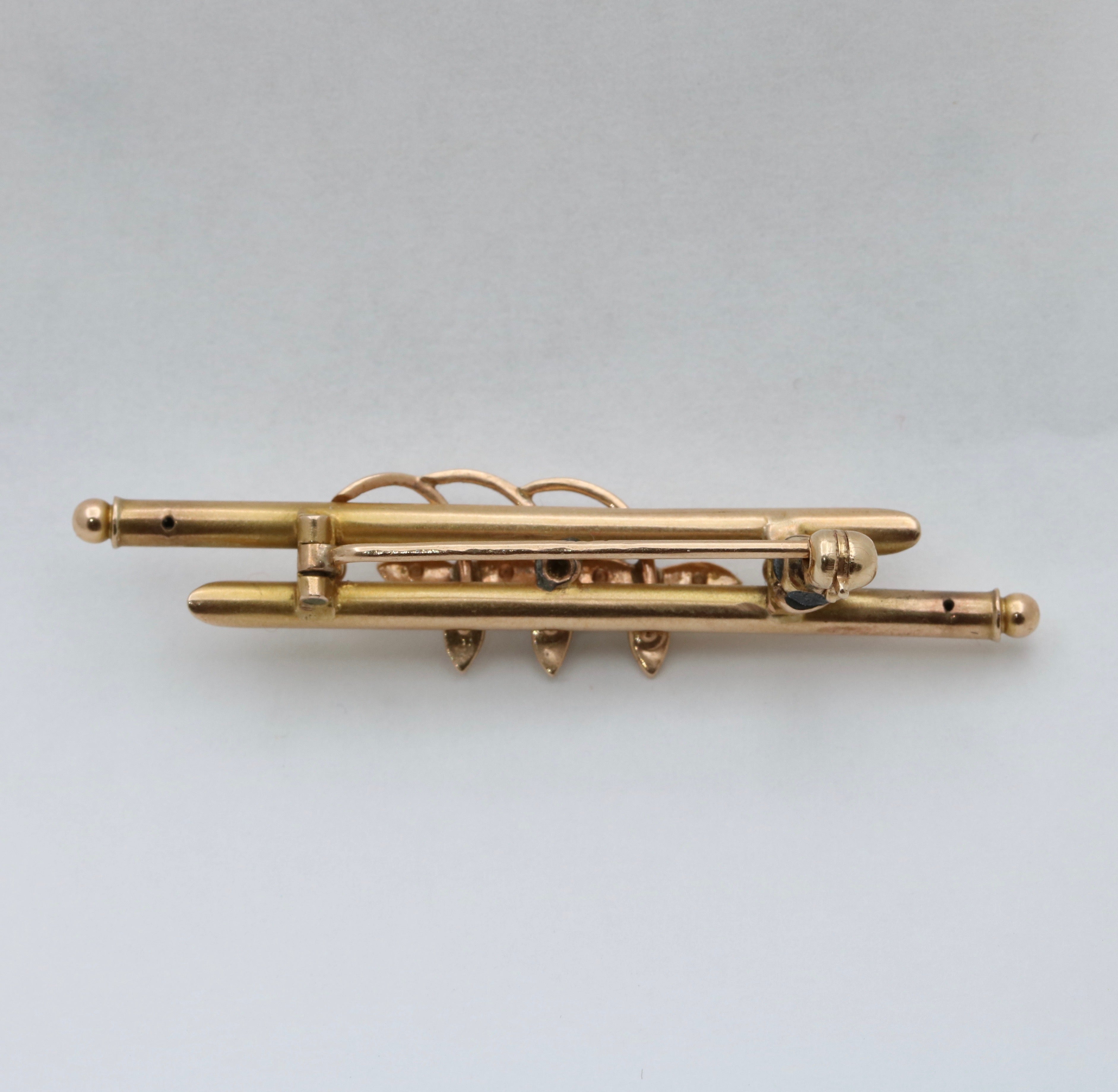 Antique 14K Yellow Gold Seed Pearl Three Clover Bar Pin