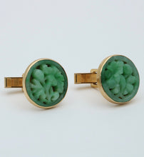 Load image into Gallery viewer, Vintage 14K Yellow Gold Carved Flower Jade Cuffliks
