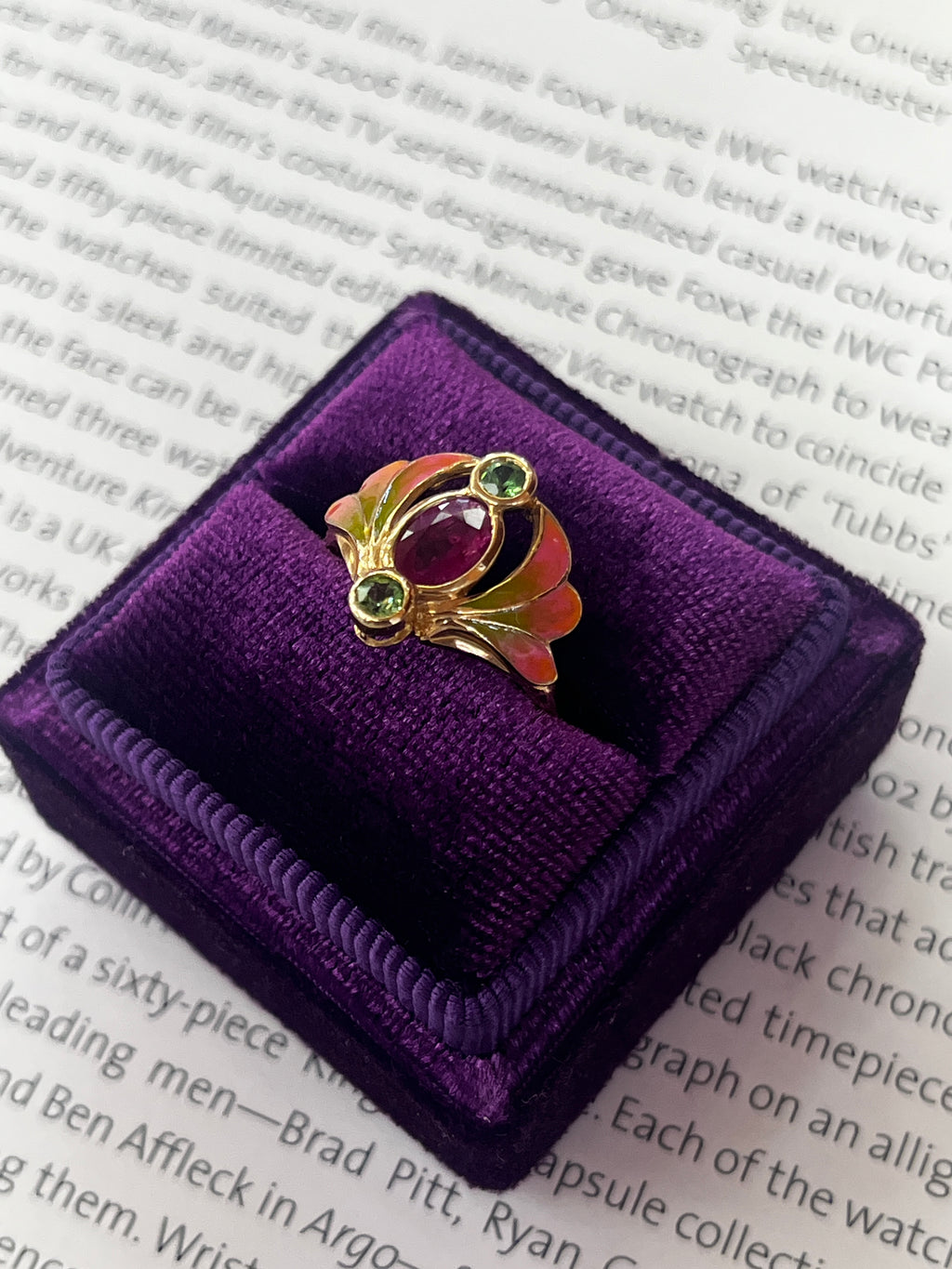 Vintage Art Nouveau Style Burma Ruby Enamel 14K Gold Ring, Statement Ring