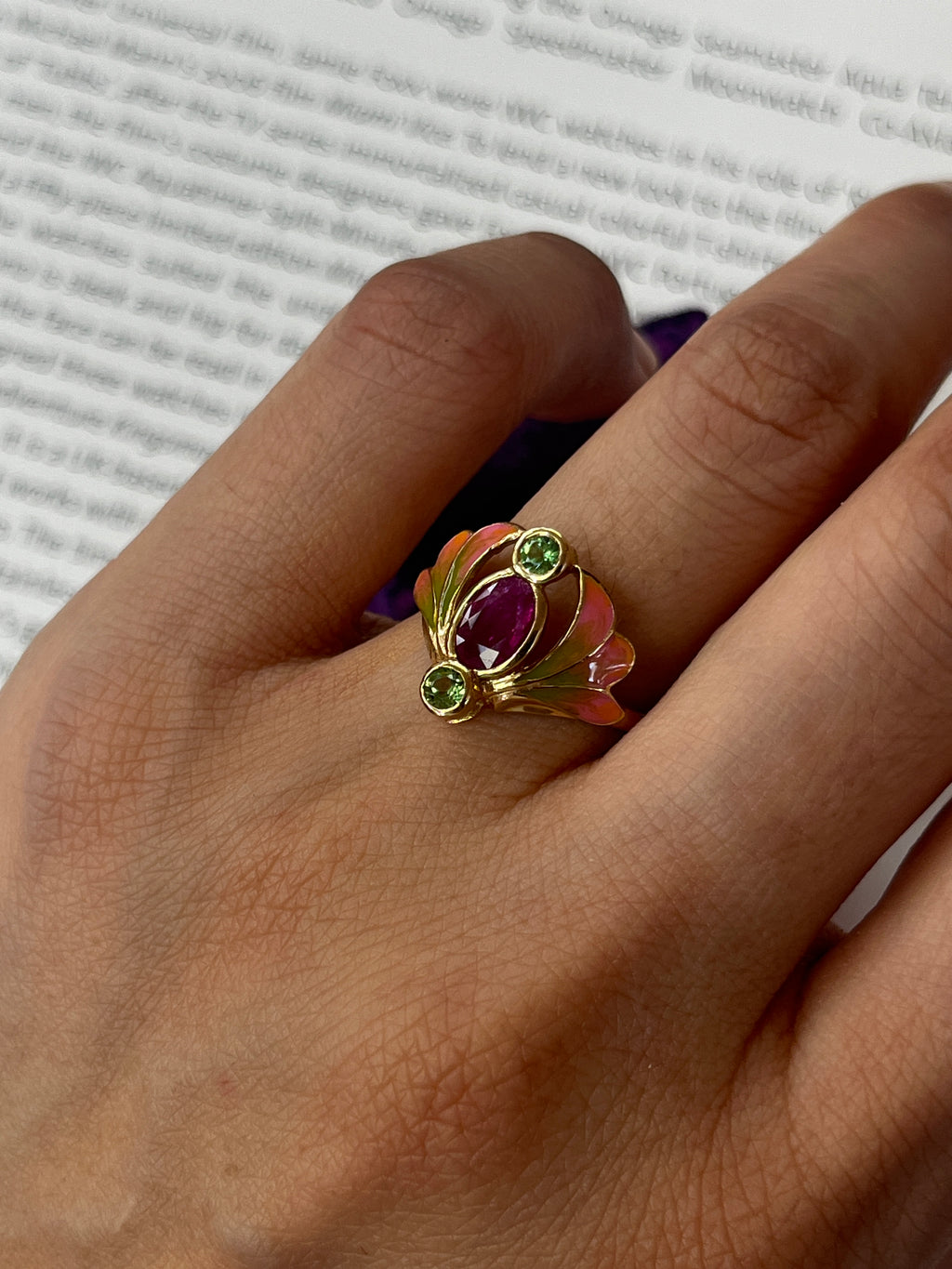 Vintage Art Nouveau Style Burma Ruby Enamel 14K Gold Ring, Statement Ring