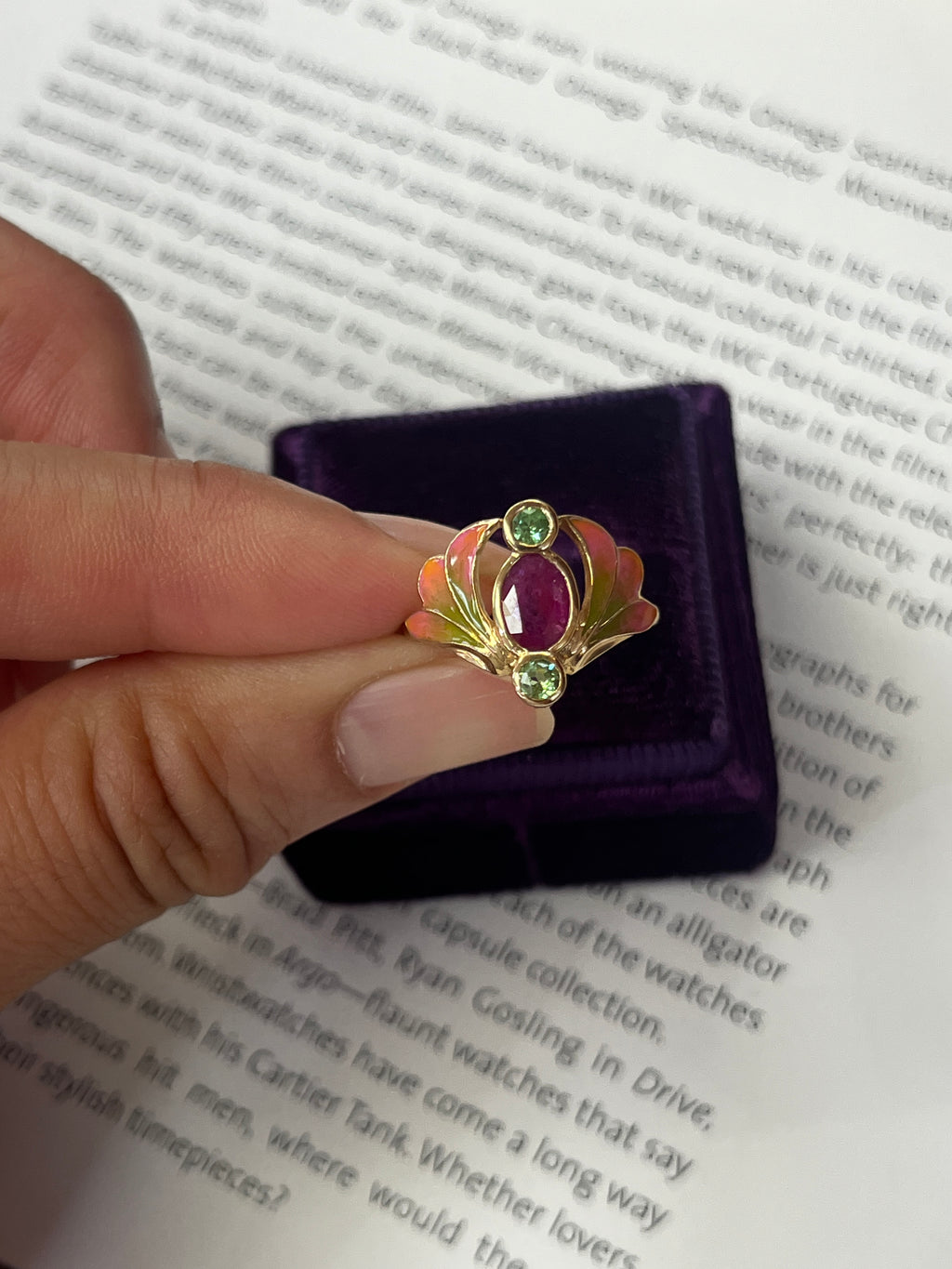 Vintage Art Nouveau Style Burma Ruby Enamel 14K Gold Ring, Statement Ring