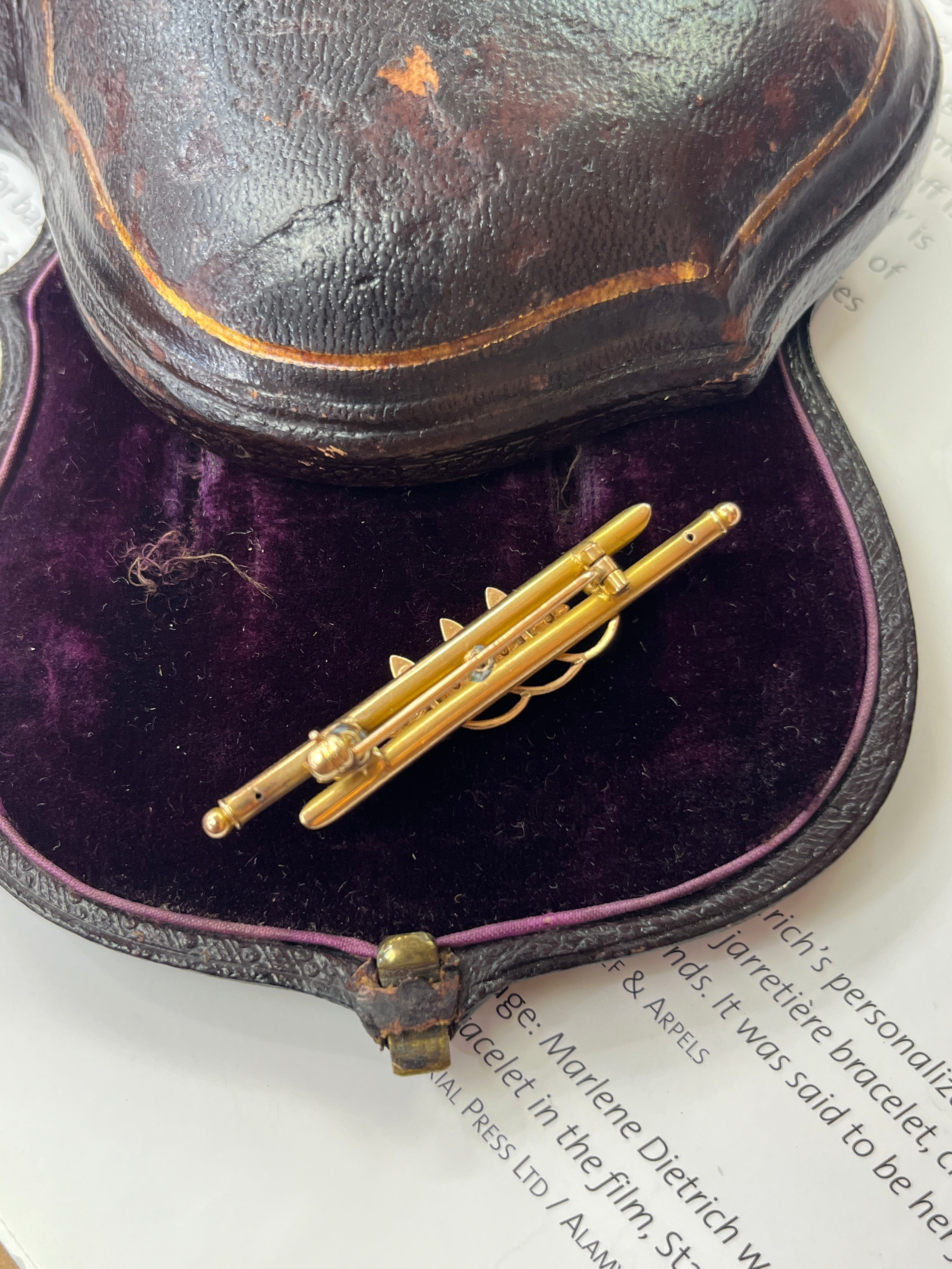 Antique 14K Yellow Gold Seed Pearl Three Clover Bar Pin