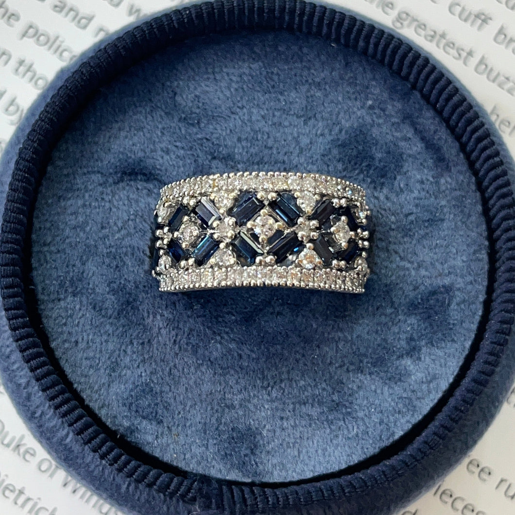 Vintage 14K White Gold Sapphire & Diamond Wide Band