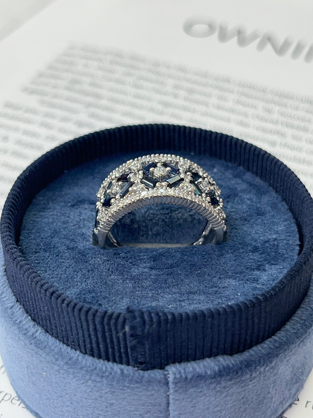 Vintage 14K White Gold Sapphire & Diamond Wide Band