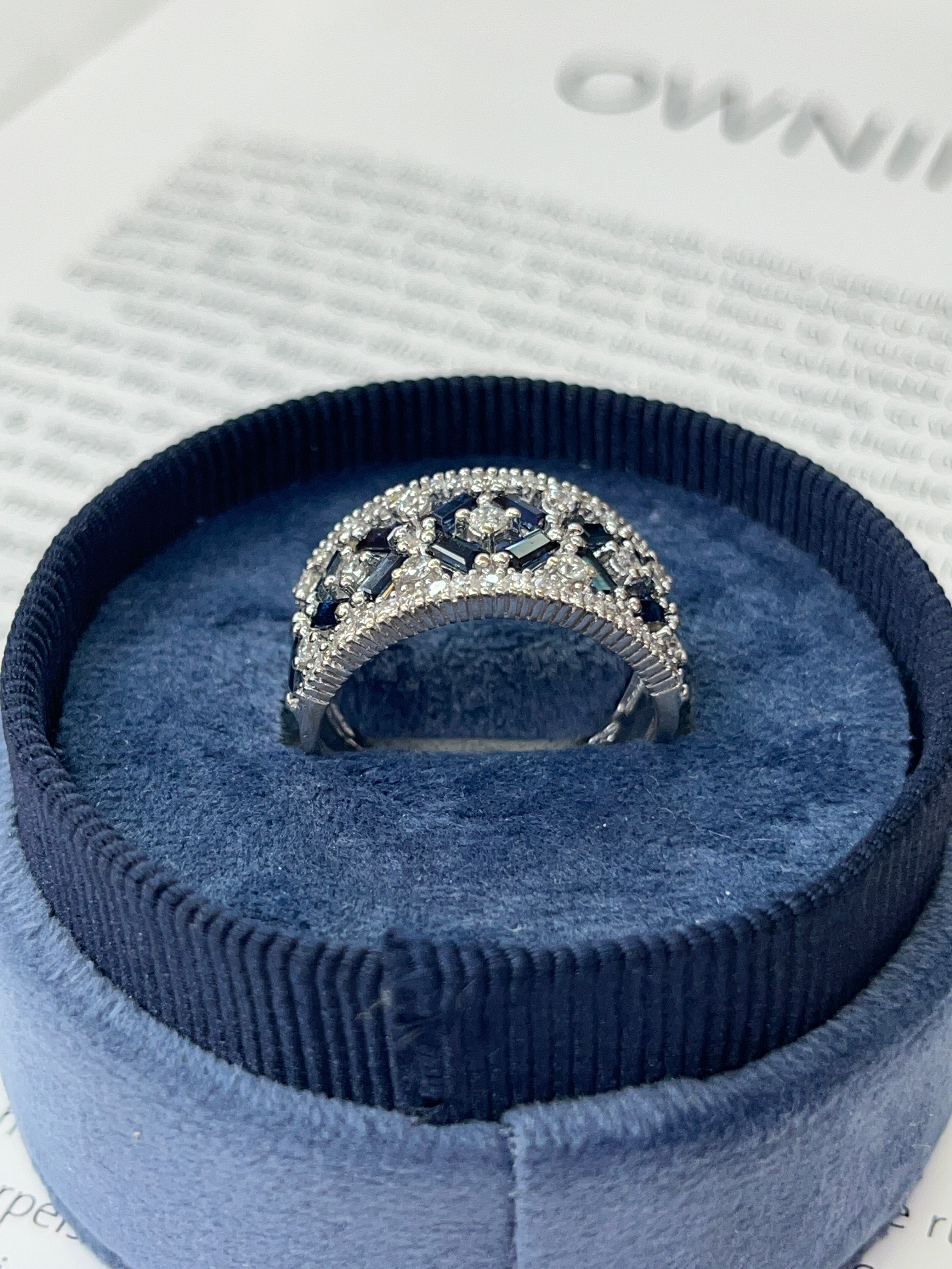 Vintage 14K White Gold Sapphire & Diamond Wide Band