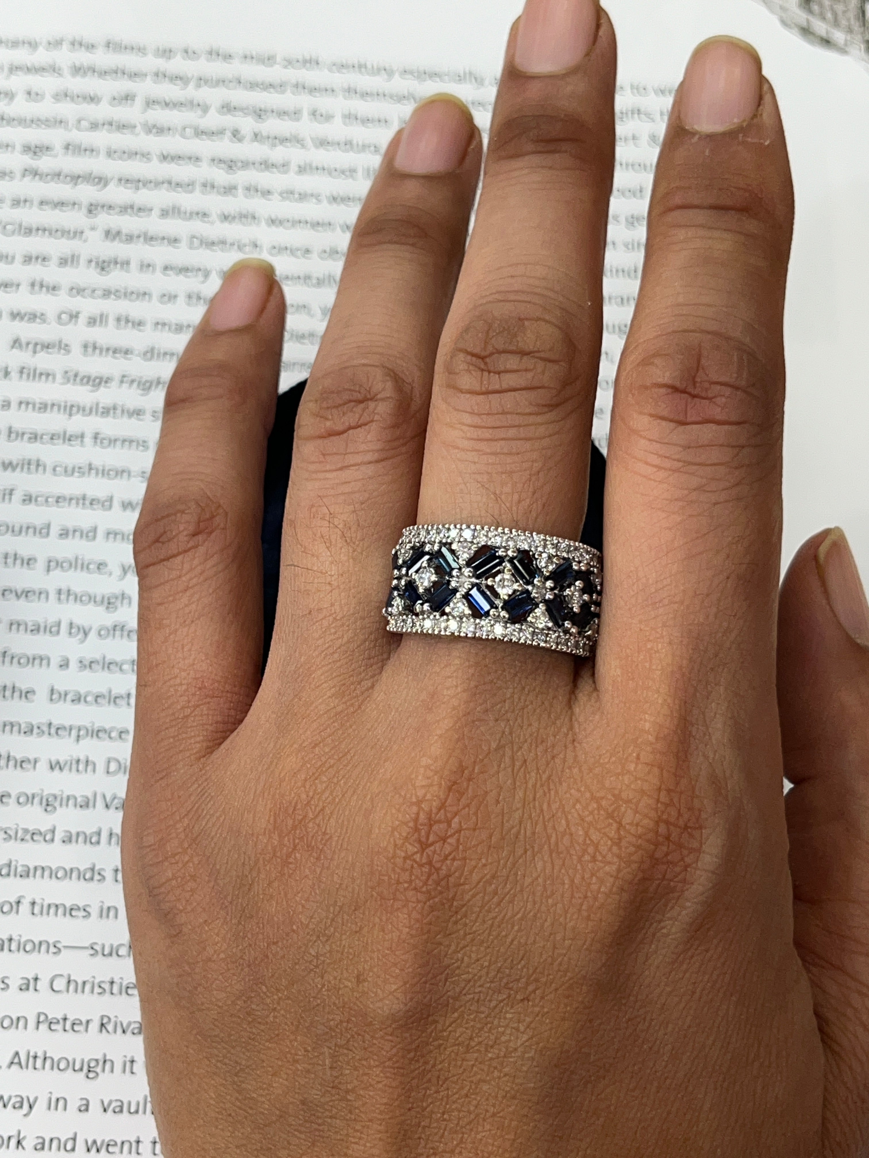 Vintage 14K White Gold Sapphire & Diamond Wide Band