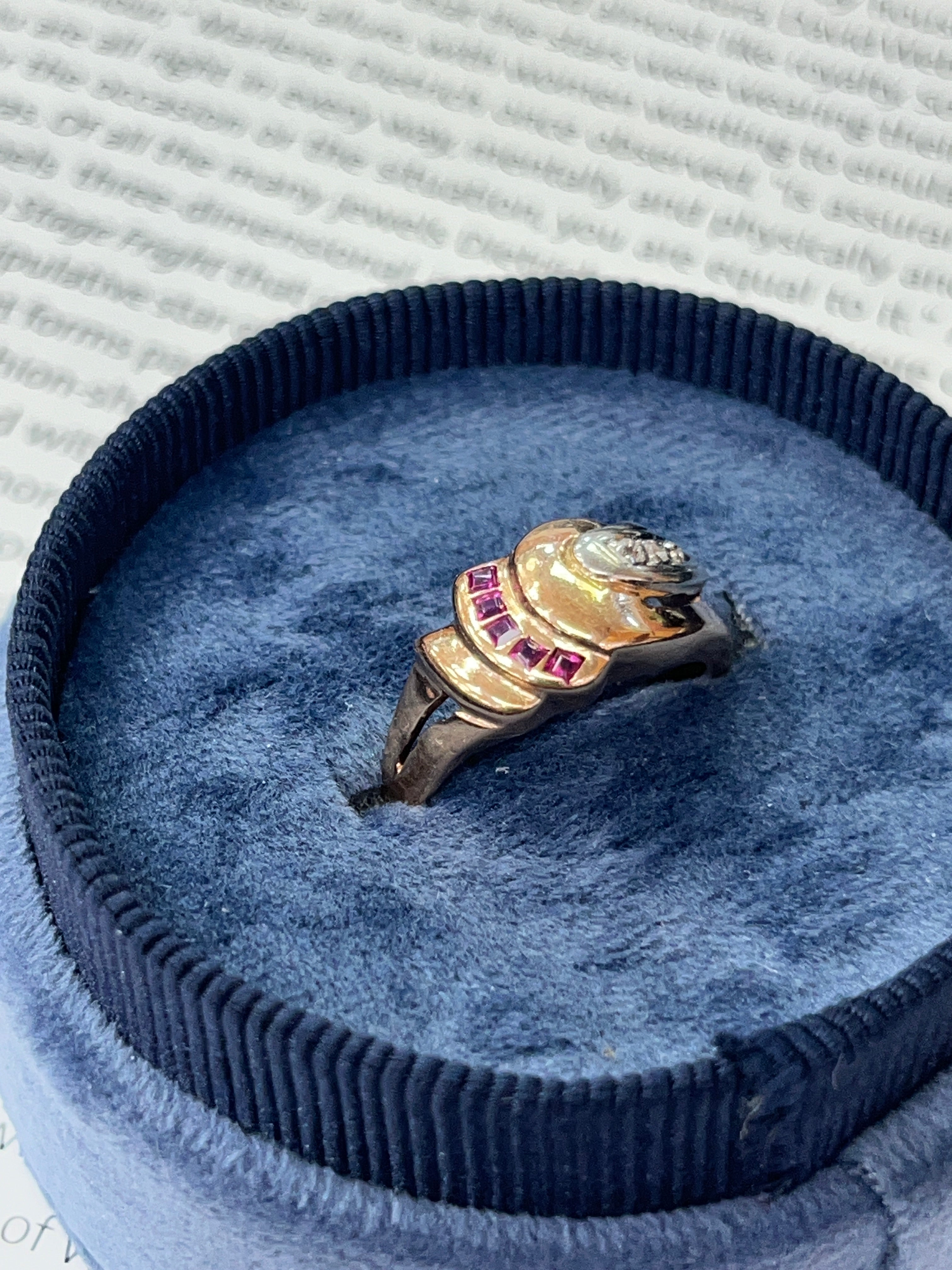 Vintage Retro 14K Rose Gold Diamond & Ruby Ring