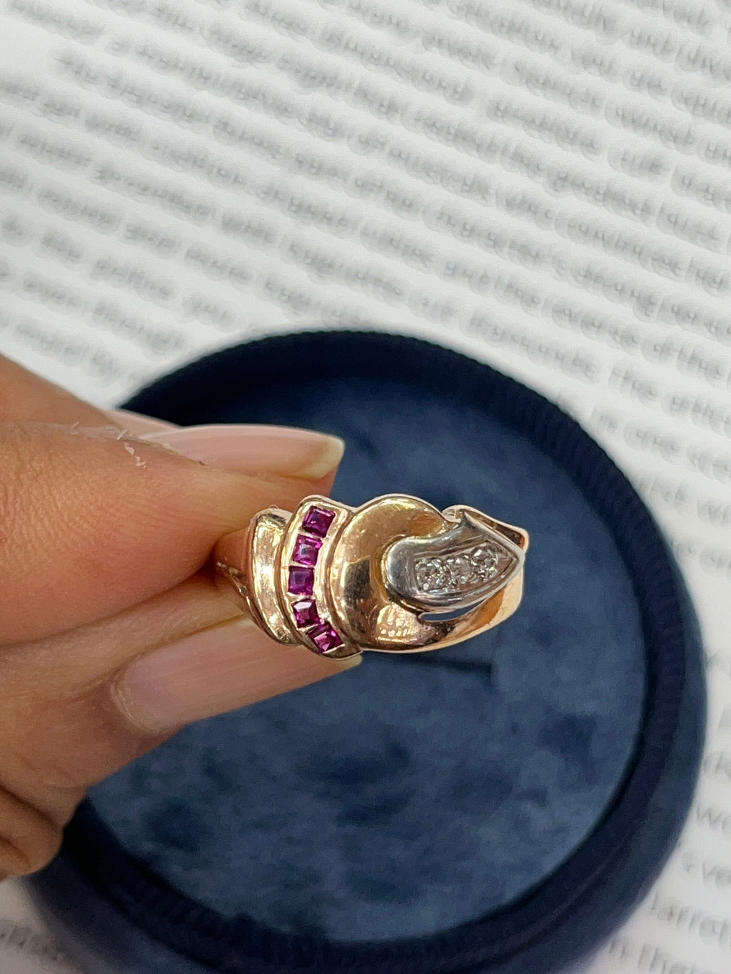 Vintage Retro 14K Rose Gold Diamond & Ruby Ring
