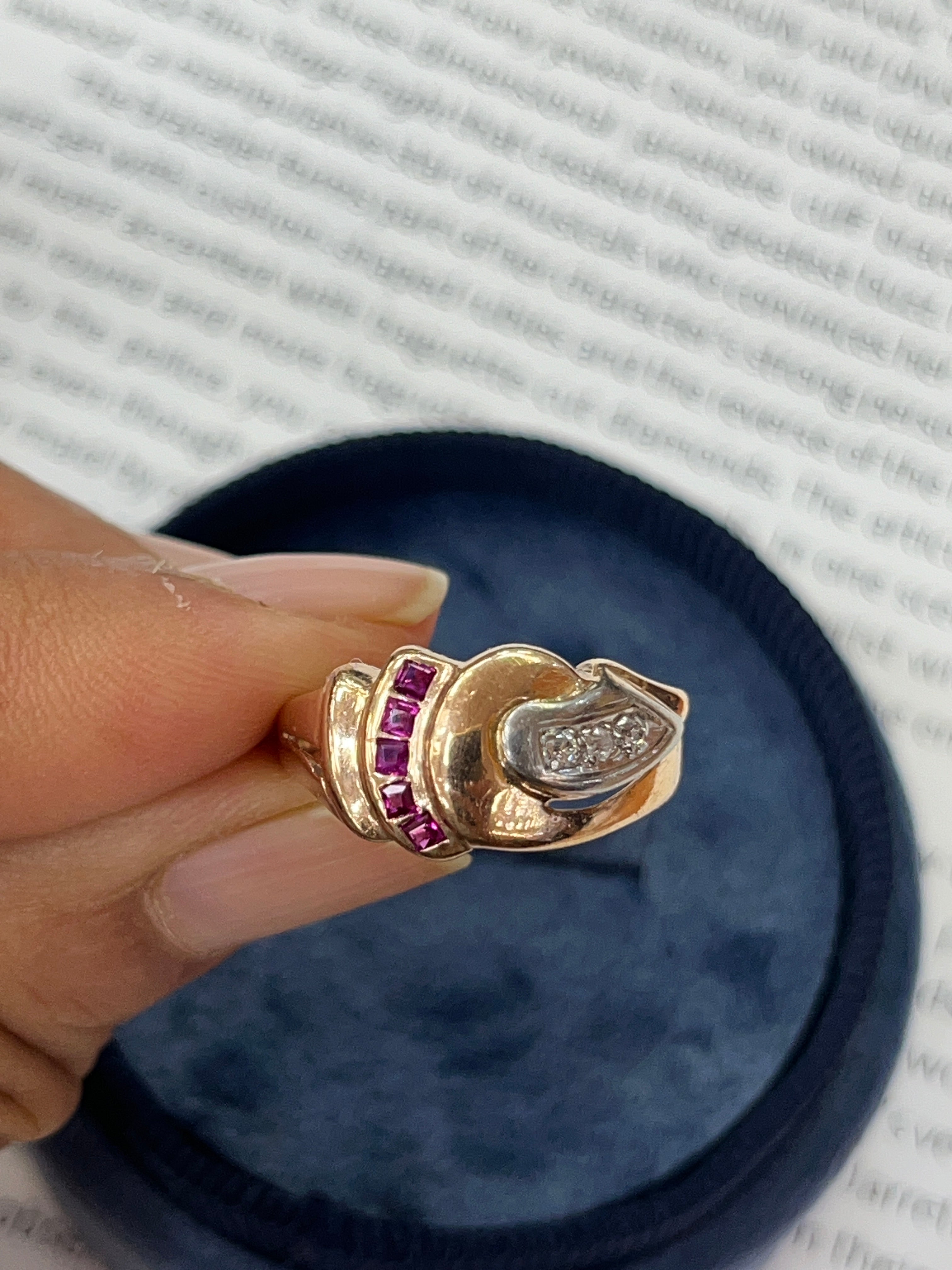 Vintage Retro 14K Rose Gold Diamond & Ruby Ring