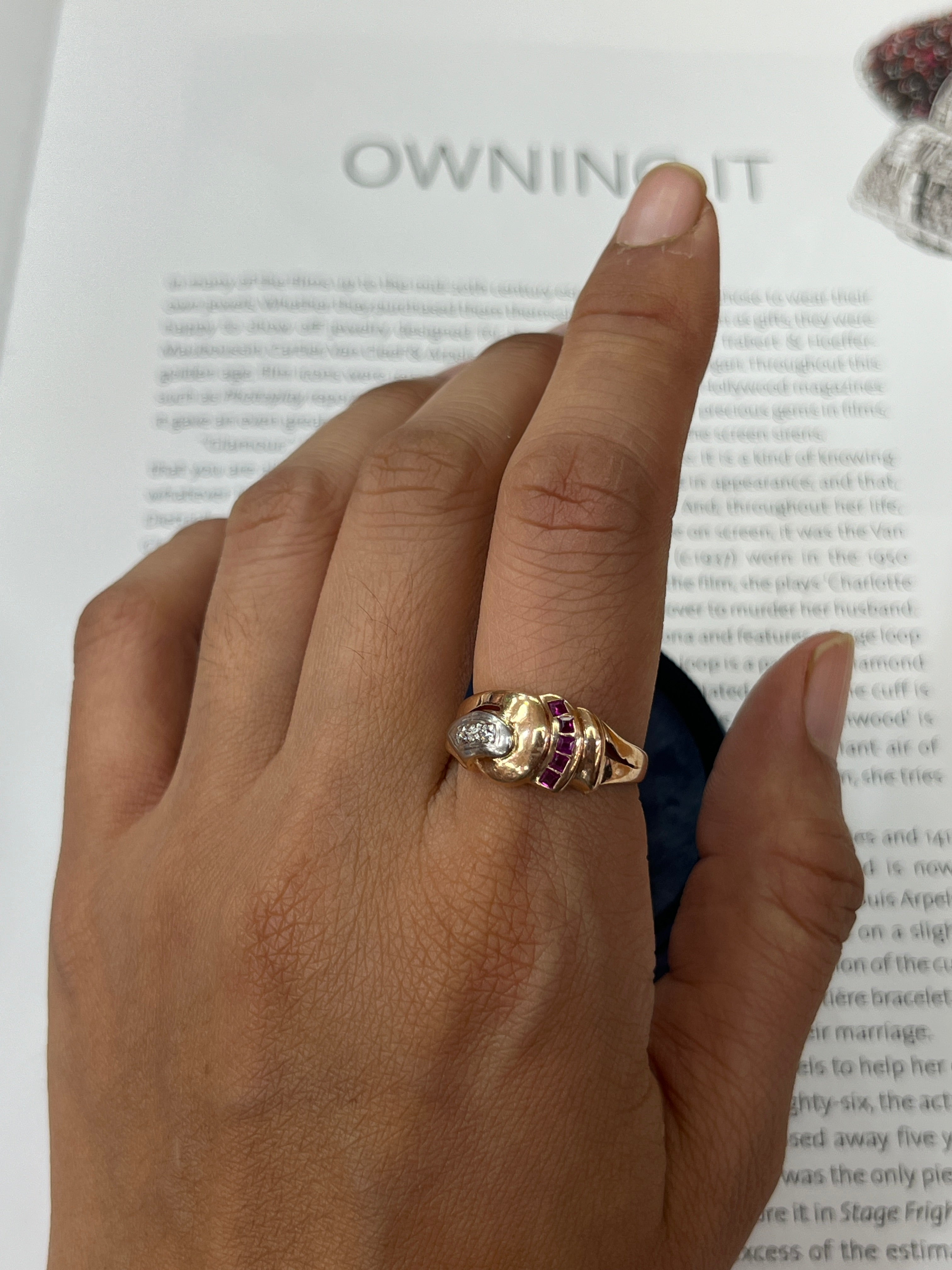 Vintage Retro 14K Rose Gold Diamond & Ruby Ring