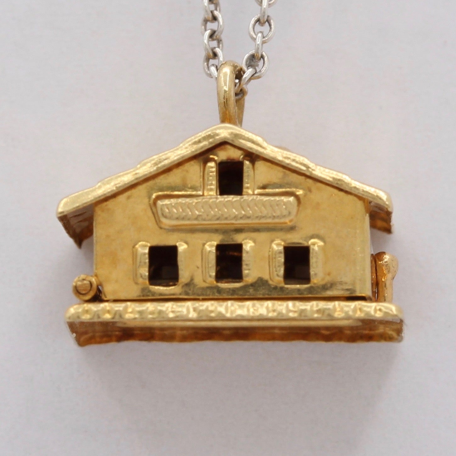 Vintage 14K Yellow Gold Double Heart White Enamel Opening House Love Pendant