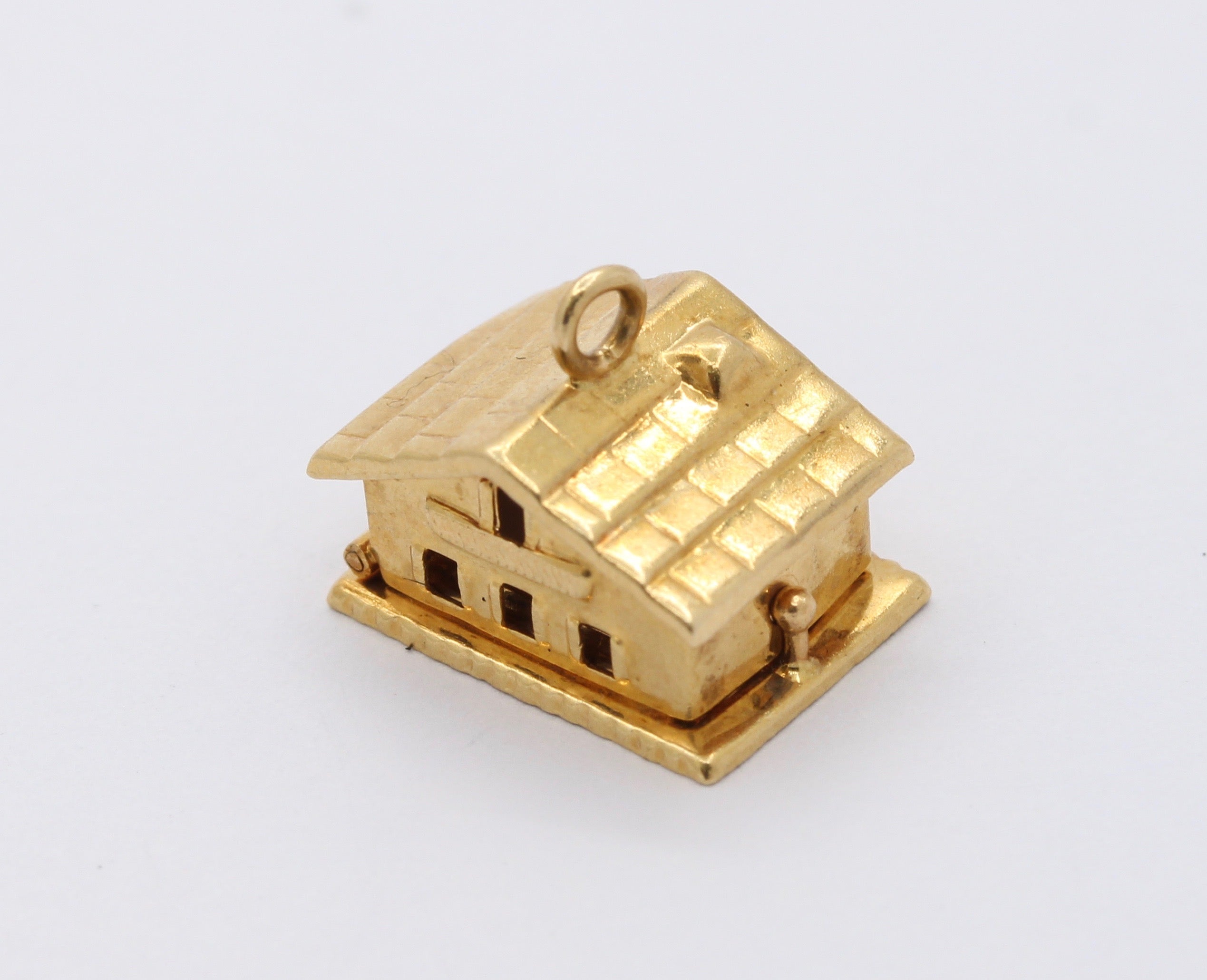 Vintage 14K Yellow Gold Double Heart White Enamel Opening House Love Pendant