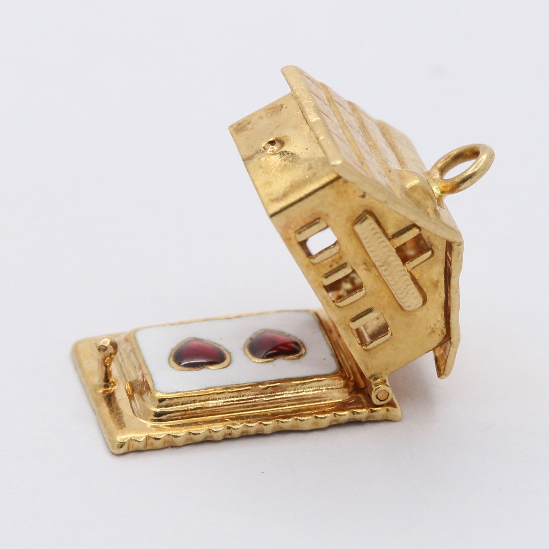 Vintage 14K Yellow Gold Double Heart White Enamel Opening House Love Pendant