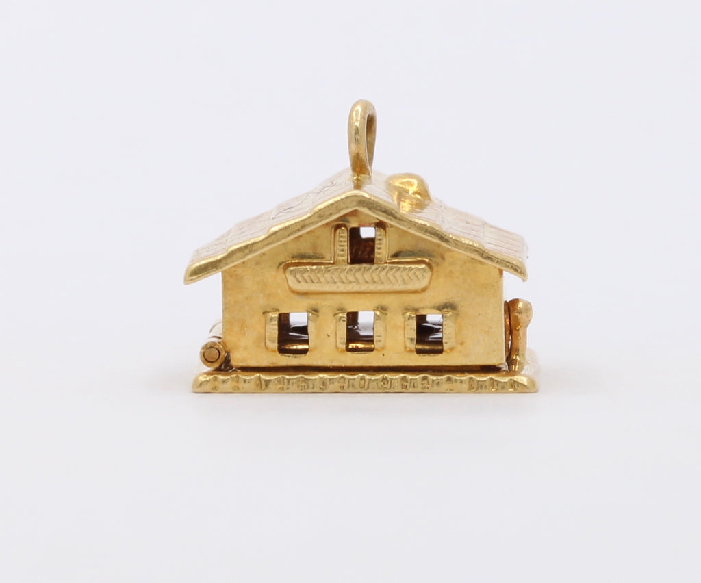 Vintage 14K Yellow Gold Double Heart White Enamel Opening House Love Pendant