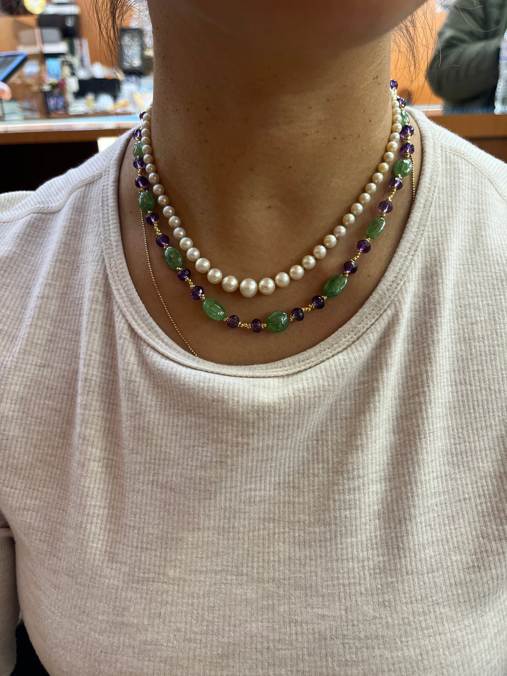 Vintage Italian Fluorite and Amethyst 18K Yellow Gold Necklace