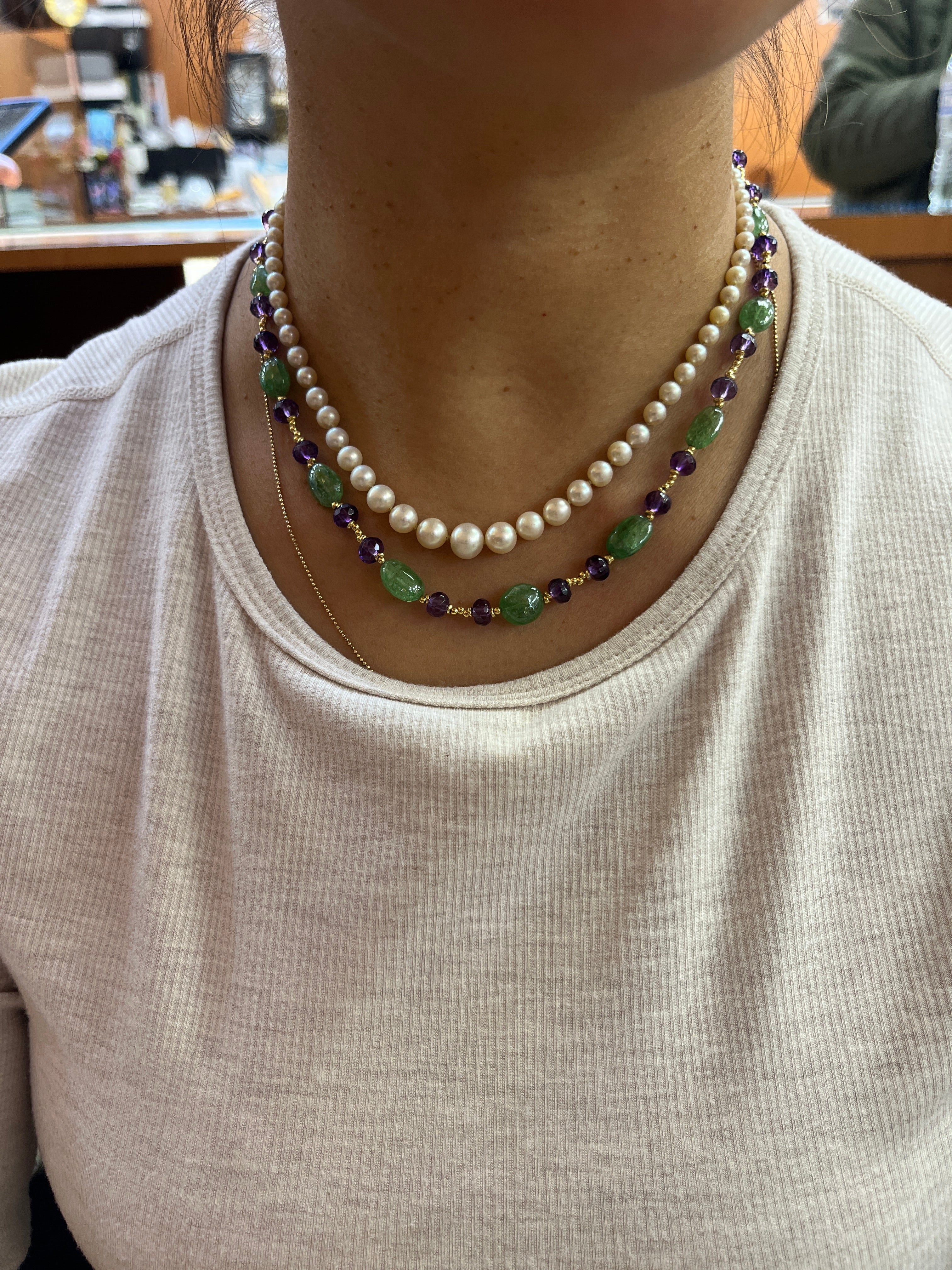 Vintage Italian Fluorite and Amethyst 18K Yellow Gold Necklace