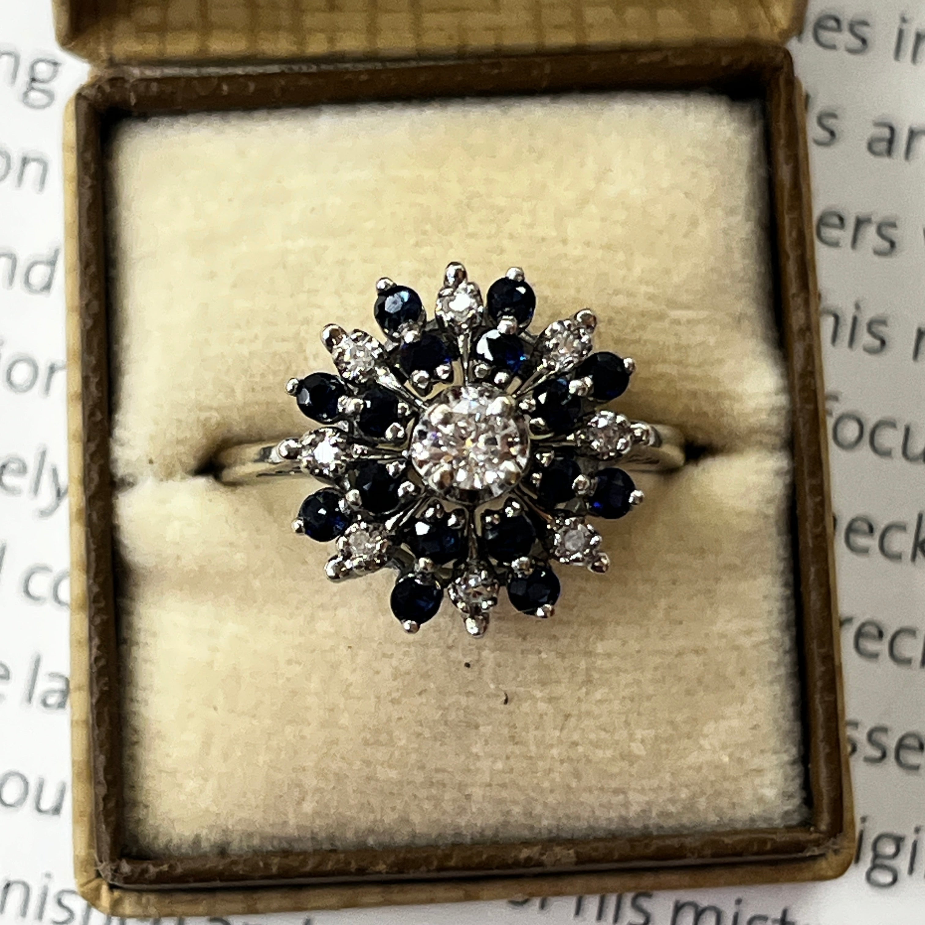 Vintage 14K White Gold Starburst Sapphire Diamond Ring
