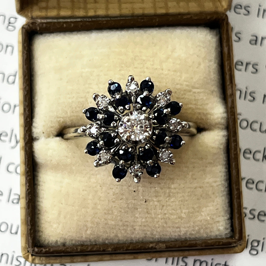 Vintage 14K White Gold Starburst Sapphire Diamond Ring