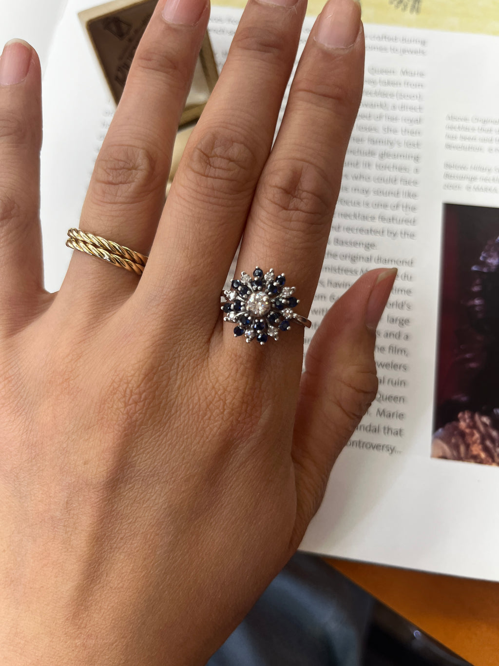 Vintage 14K White Gold Starburst Sapphire Diamond Ring