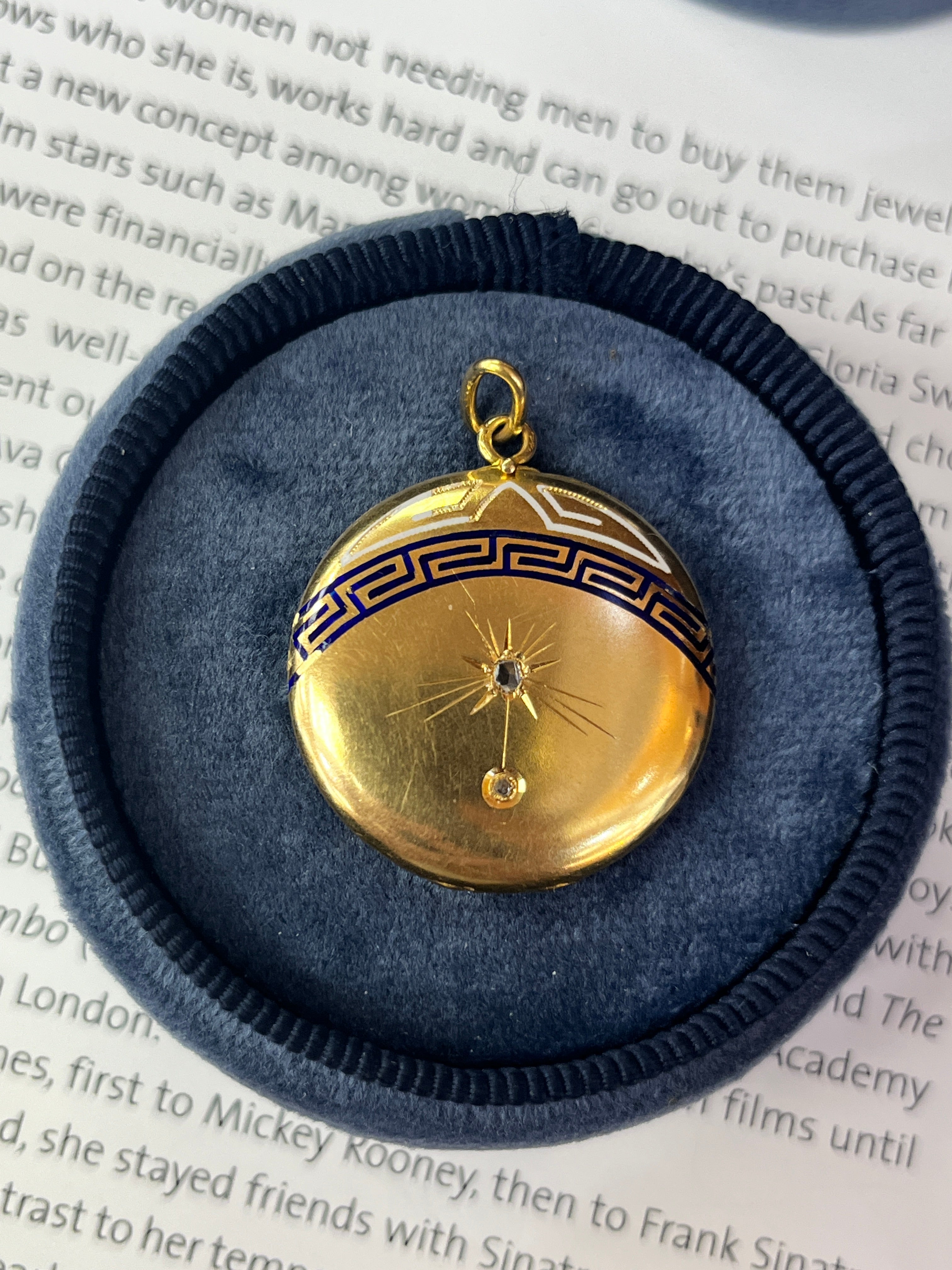 Art Deco 18K Yellow Gold Greek Key Enamel Diamond Locket Pendant