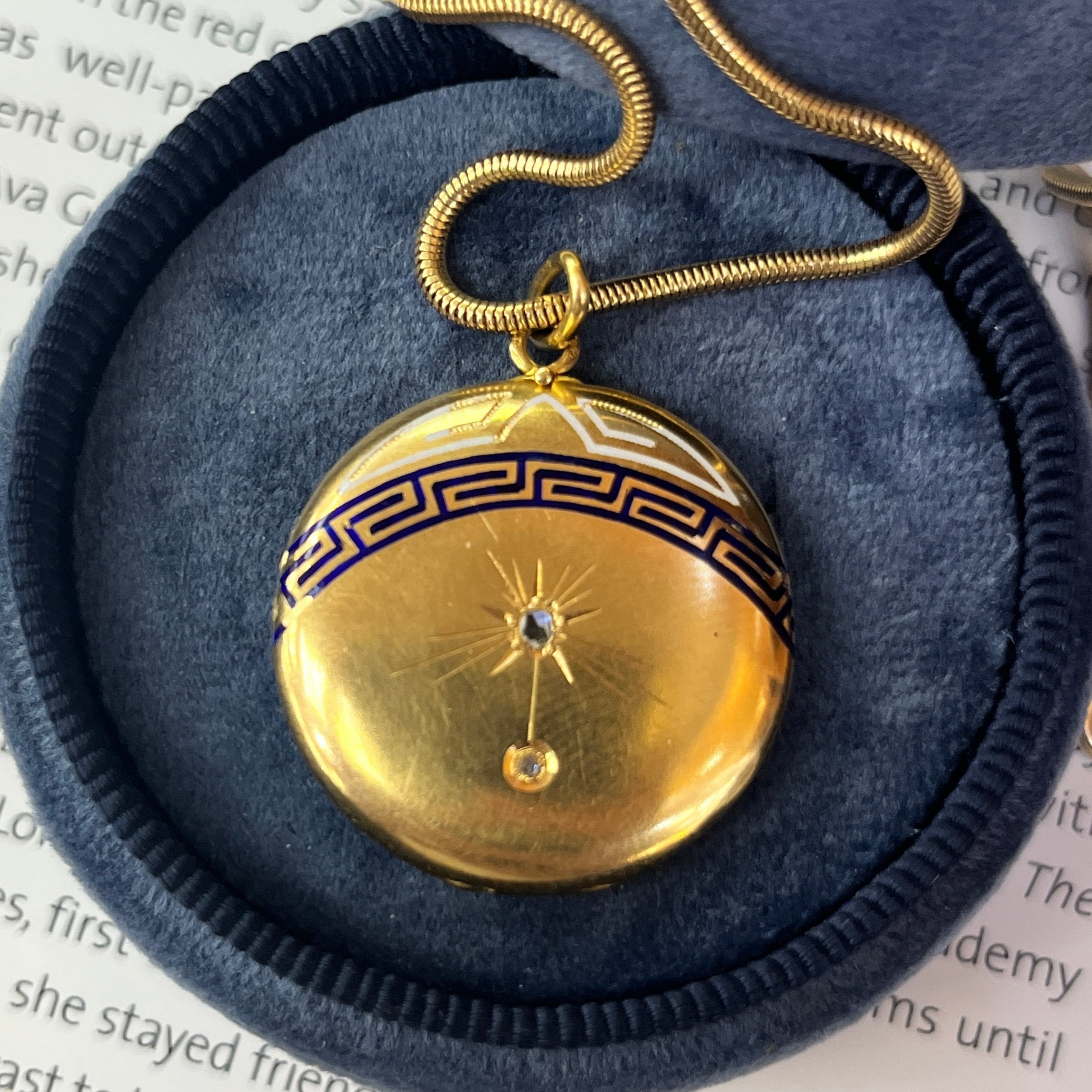 Art Deco 18K Yellow Gold Greek Key Enamel Diamond Locket Pendant