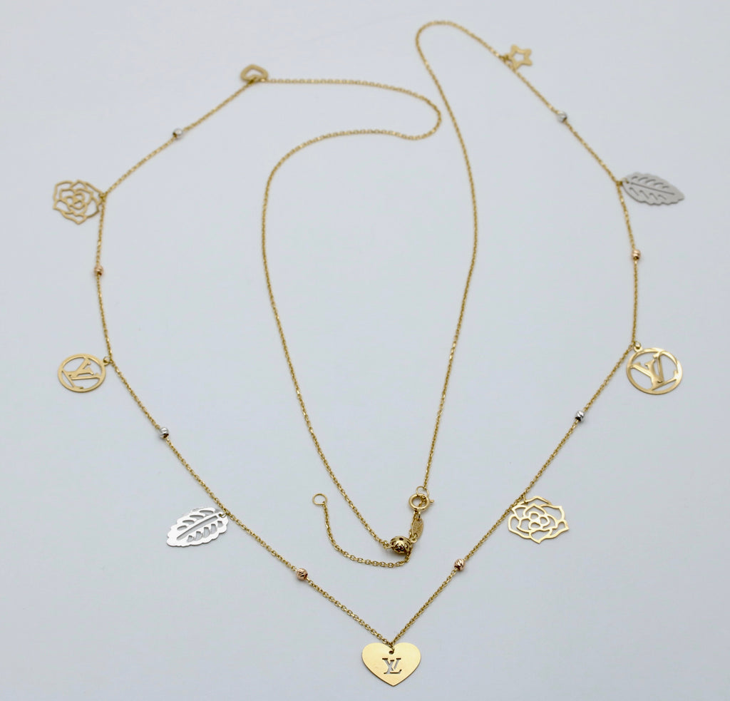 Estate 18K Yellow Gold  9 charms 33.5” Chain Long Necklace