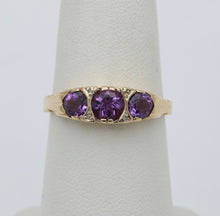 Load image into Gallery viewer, Victorian 14K Yellow Gold Three Stones Amethyst &amp; Diamond Ring
