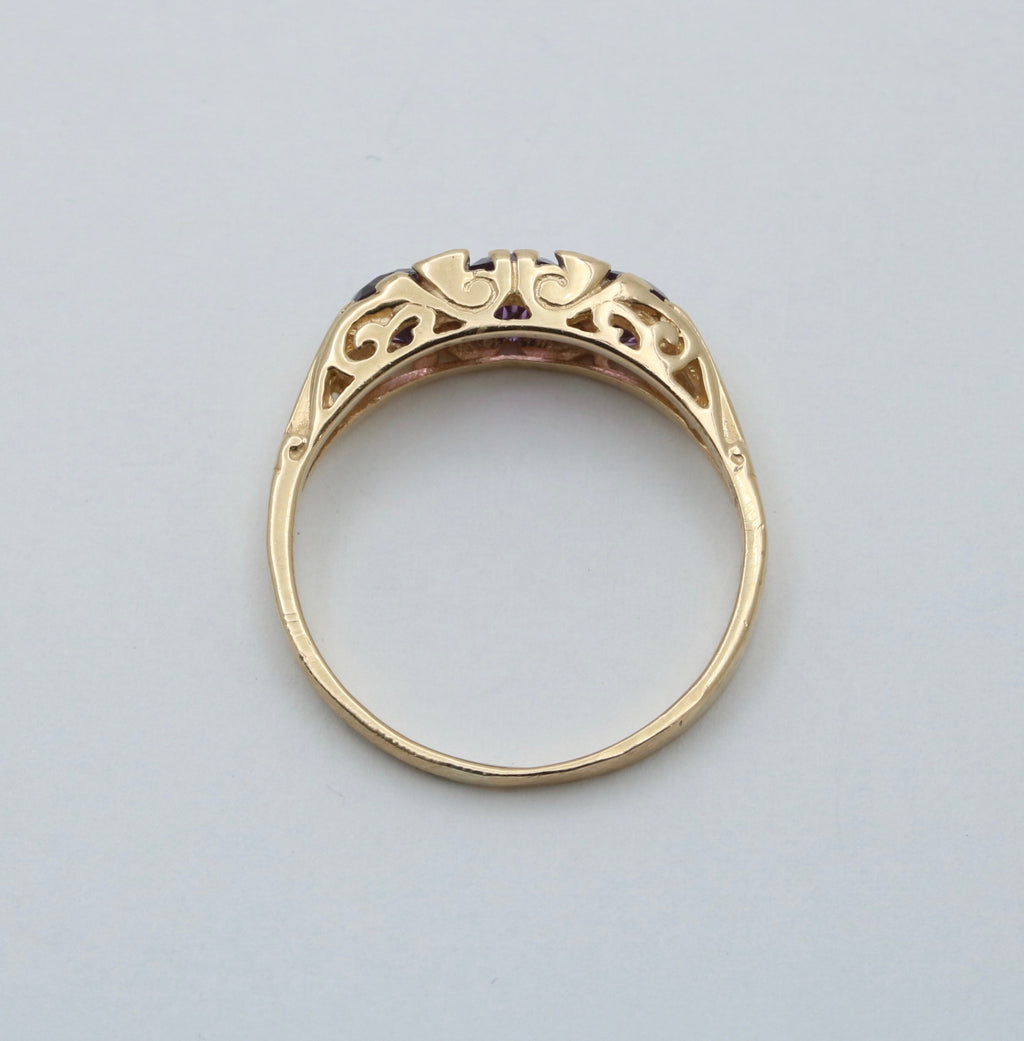 Victorian 14K Yellow Gold Three Stones Amethyst & Diamond Ring