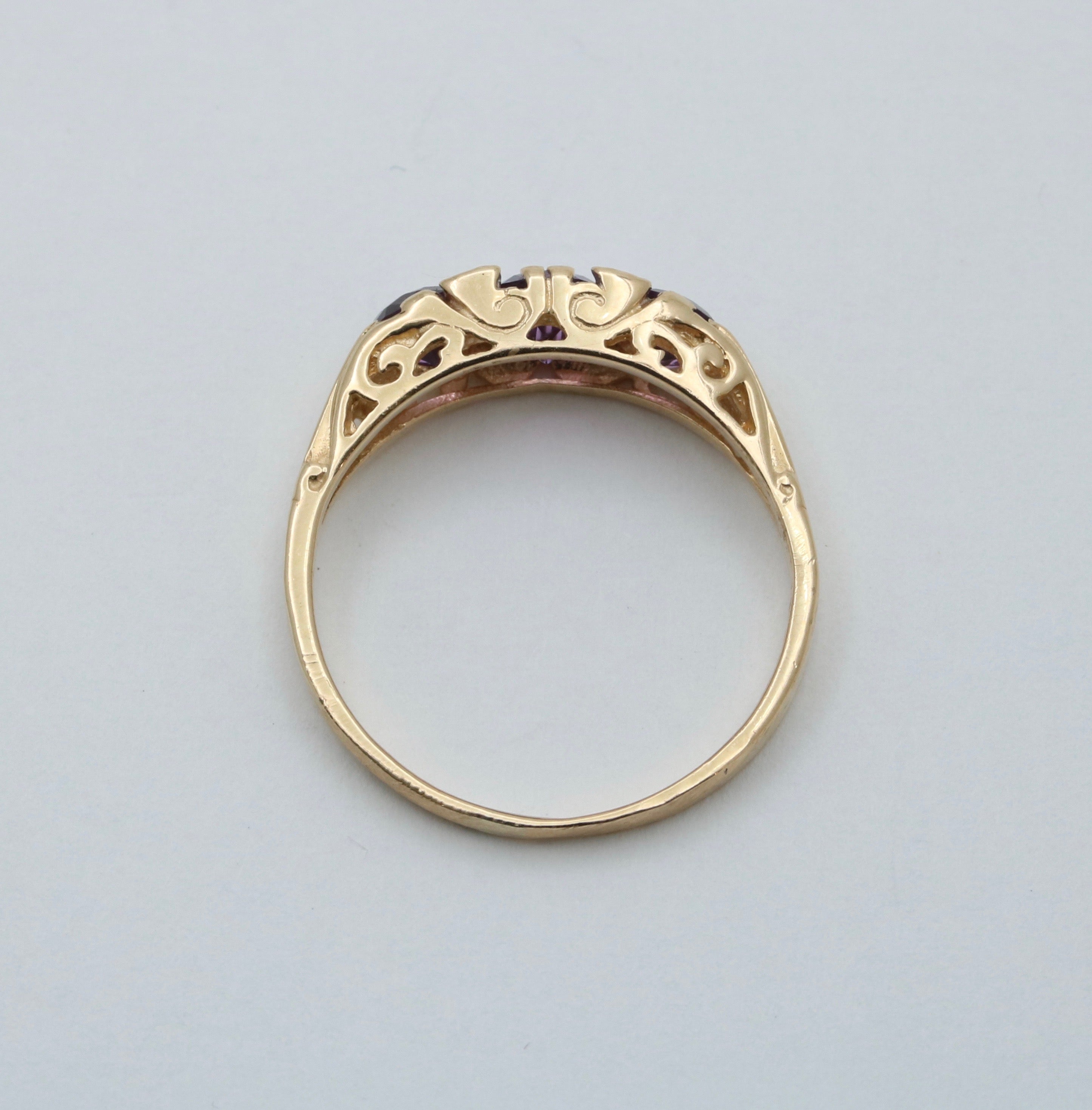Victorian 14K Yellow Gold Three Stones Amethyst & Diamond Ring